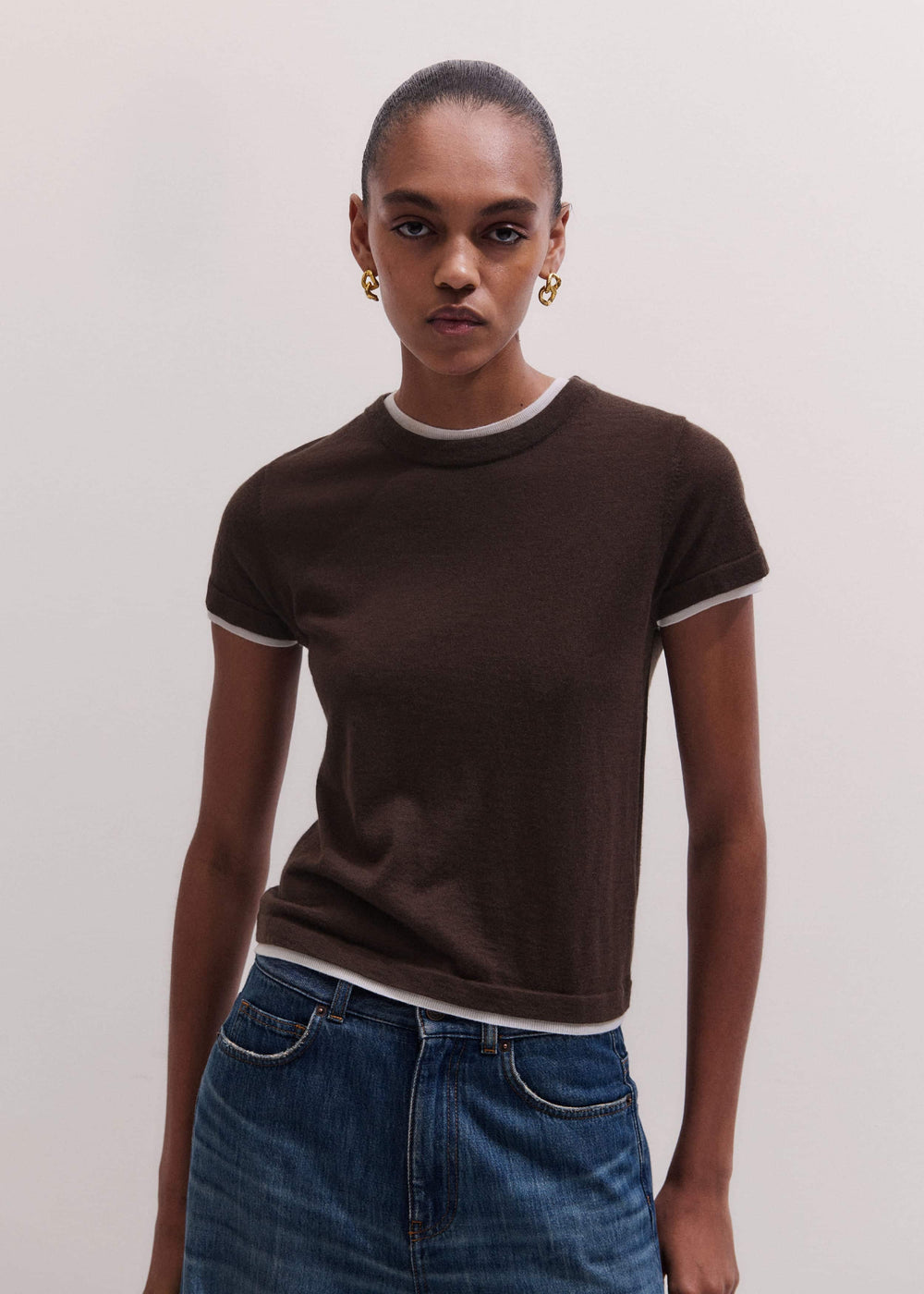 Brown Barely There Contrast Trim Knit Baby Tee