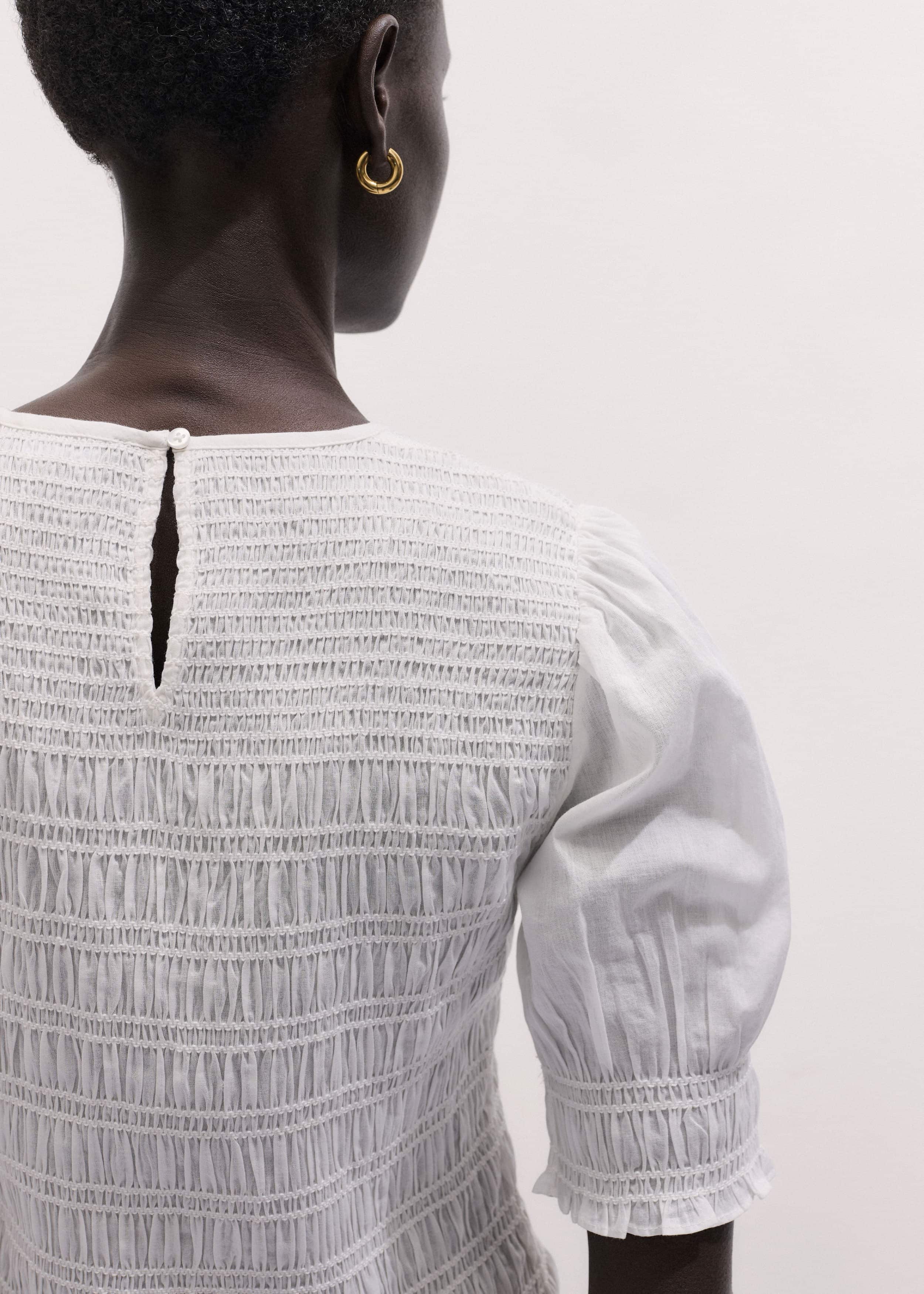 White Soft Cotton Contrast Stitch Smocked Day Top