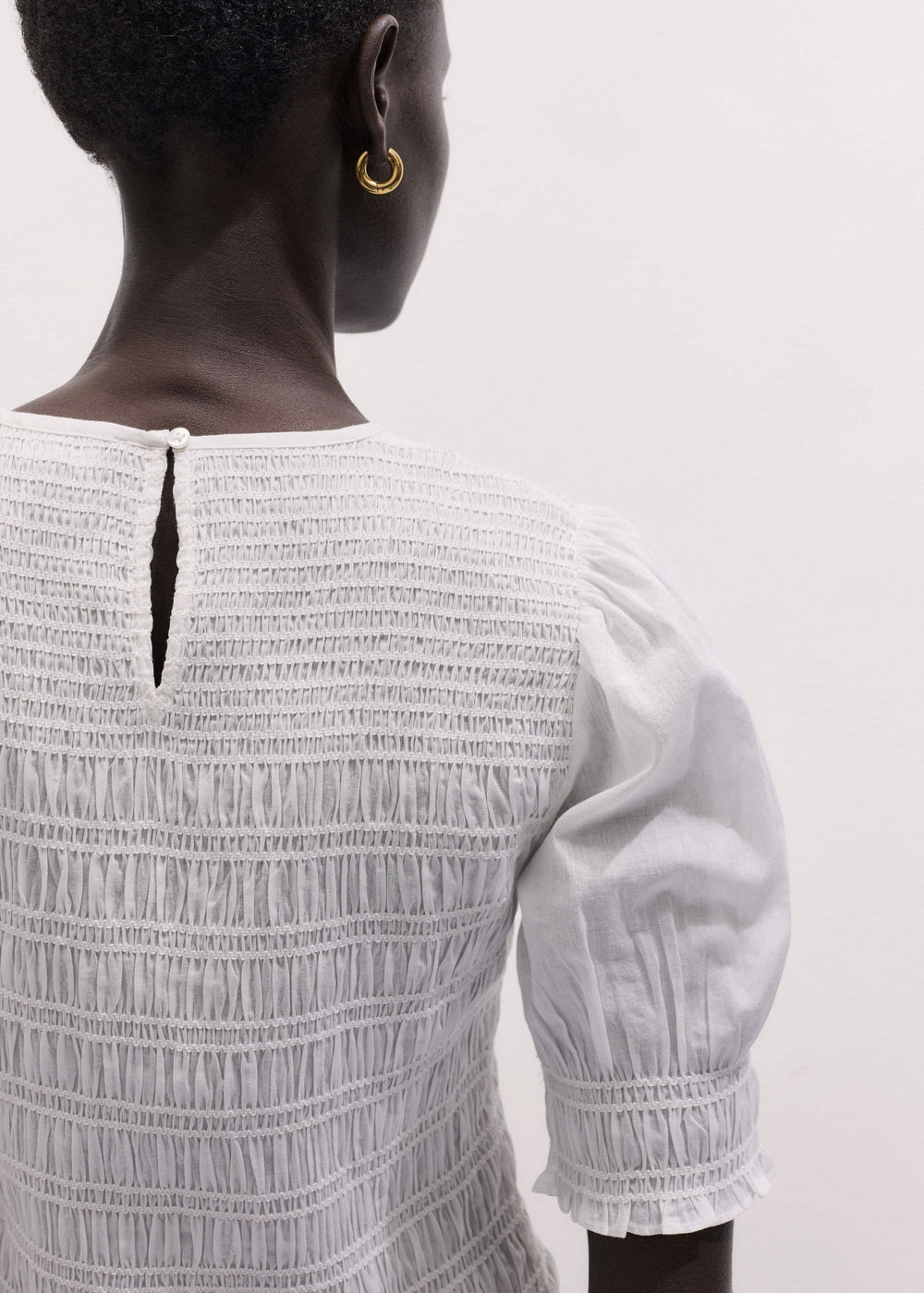 White Soft Cotton Contrast Stitch Smocked Day Top
