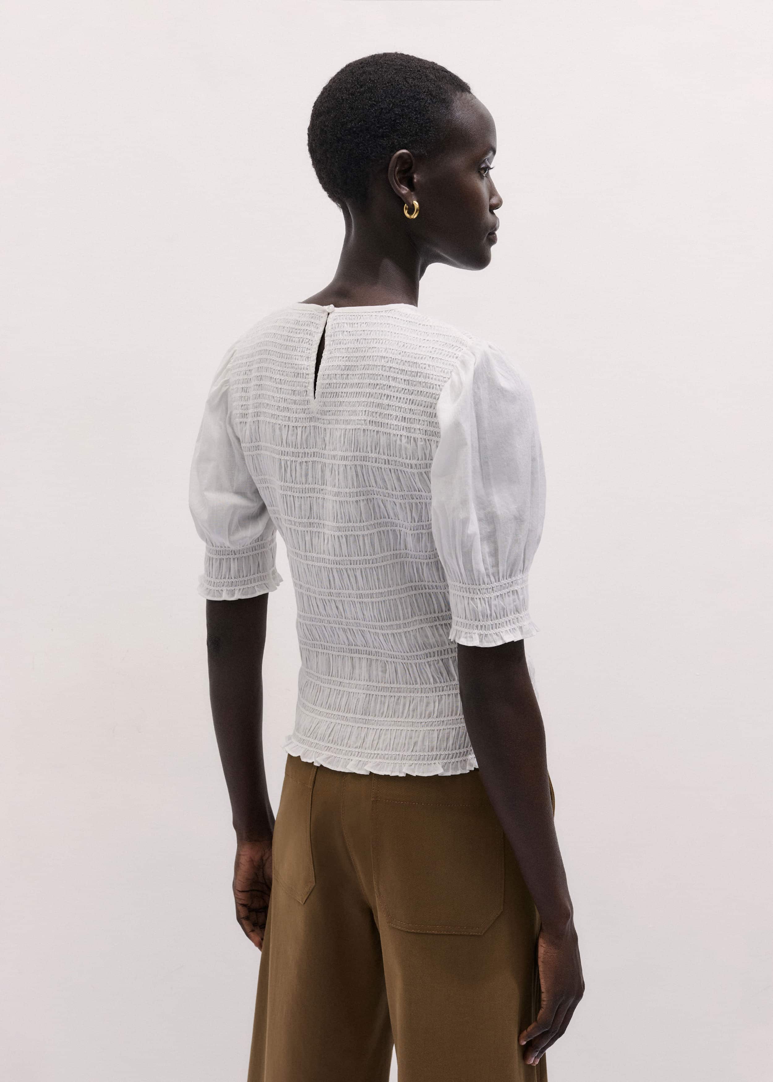 White Soft Cotton Contrast Stitch Smocked Day Top
