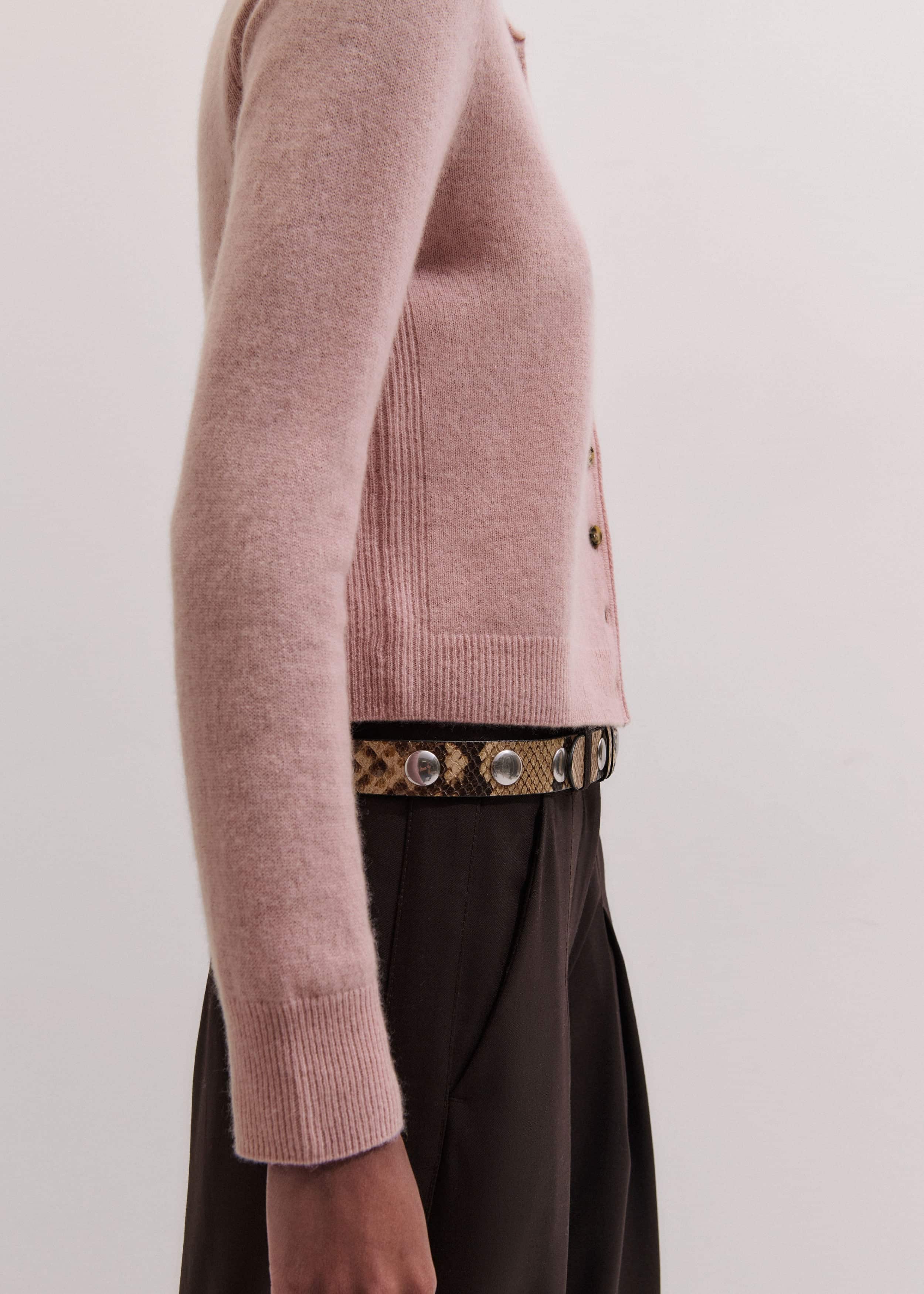 Pink Cashmere Roll Trim Straight Cardigan
