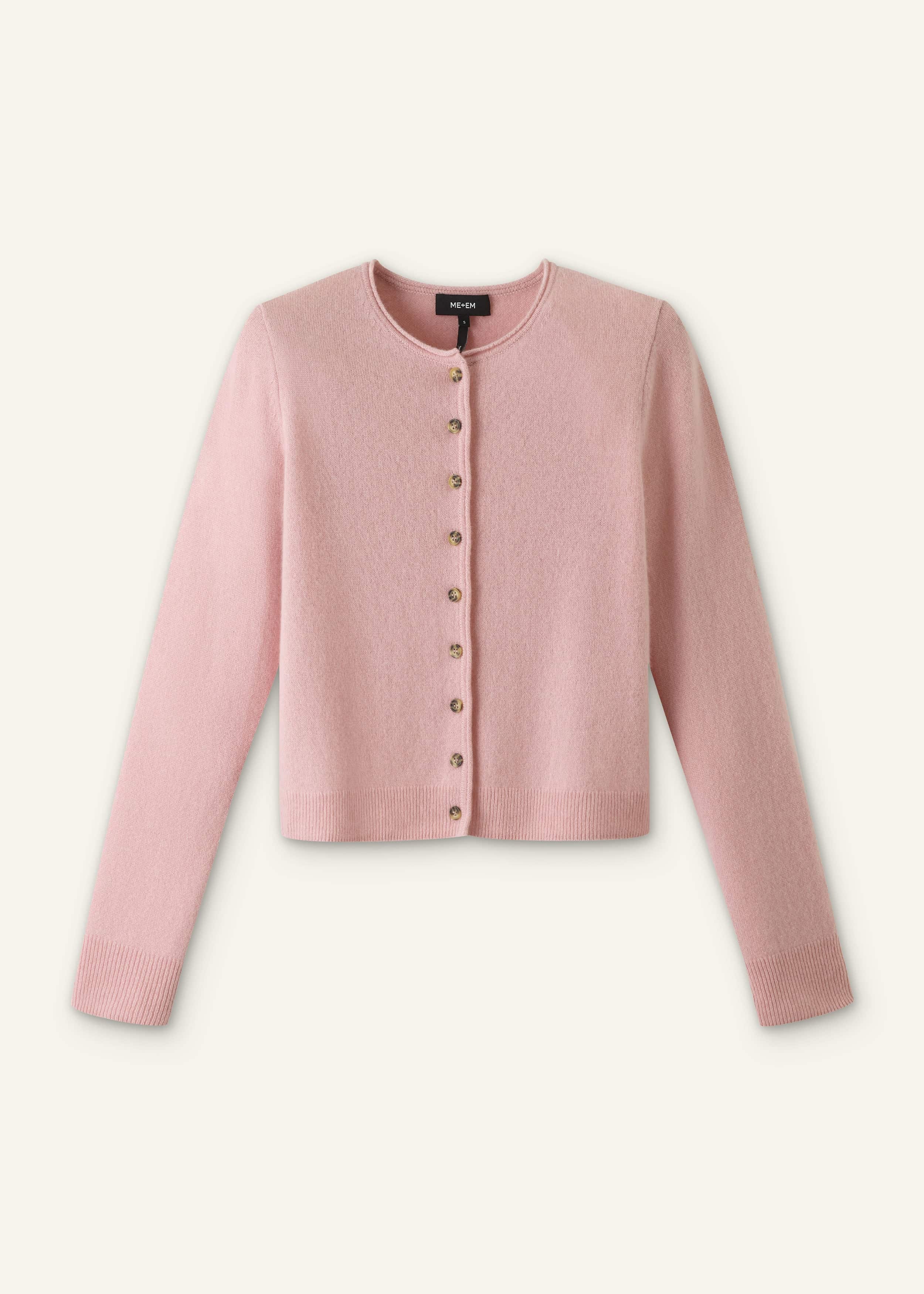 Pink Cashmere Roll Trim Straight Cardigan