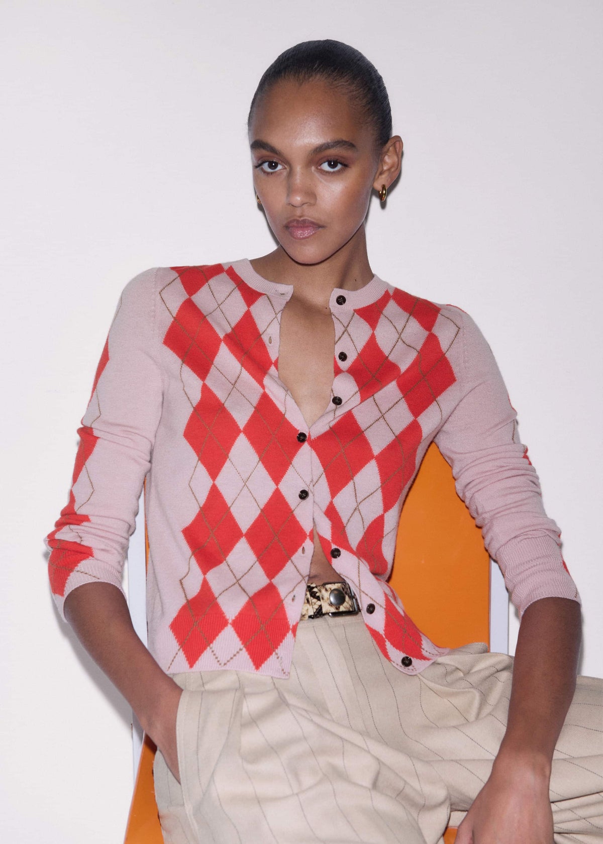 Pink Fine Argyle Slim Knit Cardigan