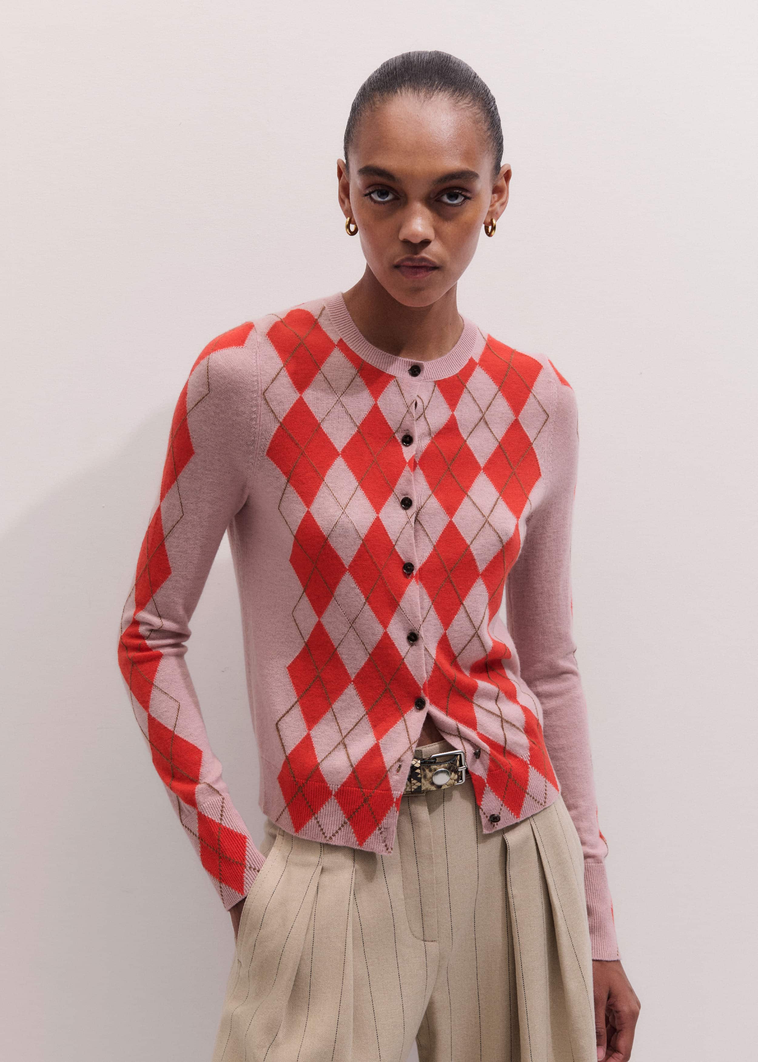 Pink Fine Argyle Slim Knit Cardigan