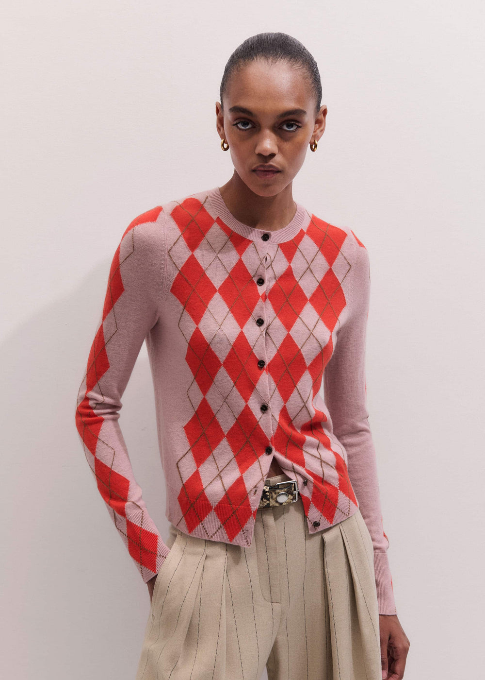 Pink Fine Argyle Slim Knit Cardigan