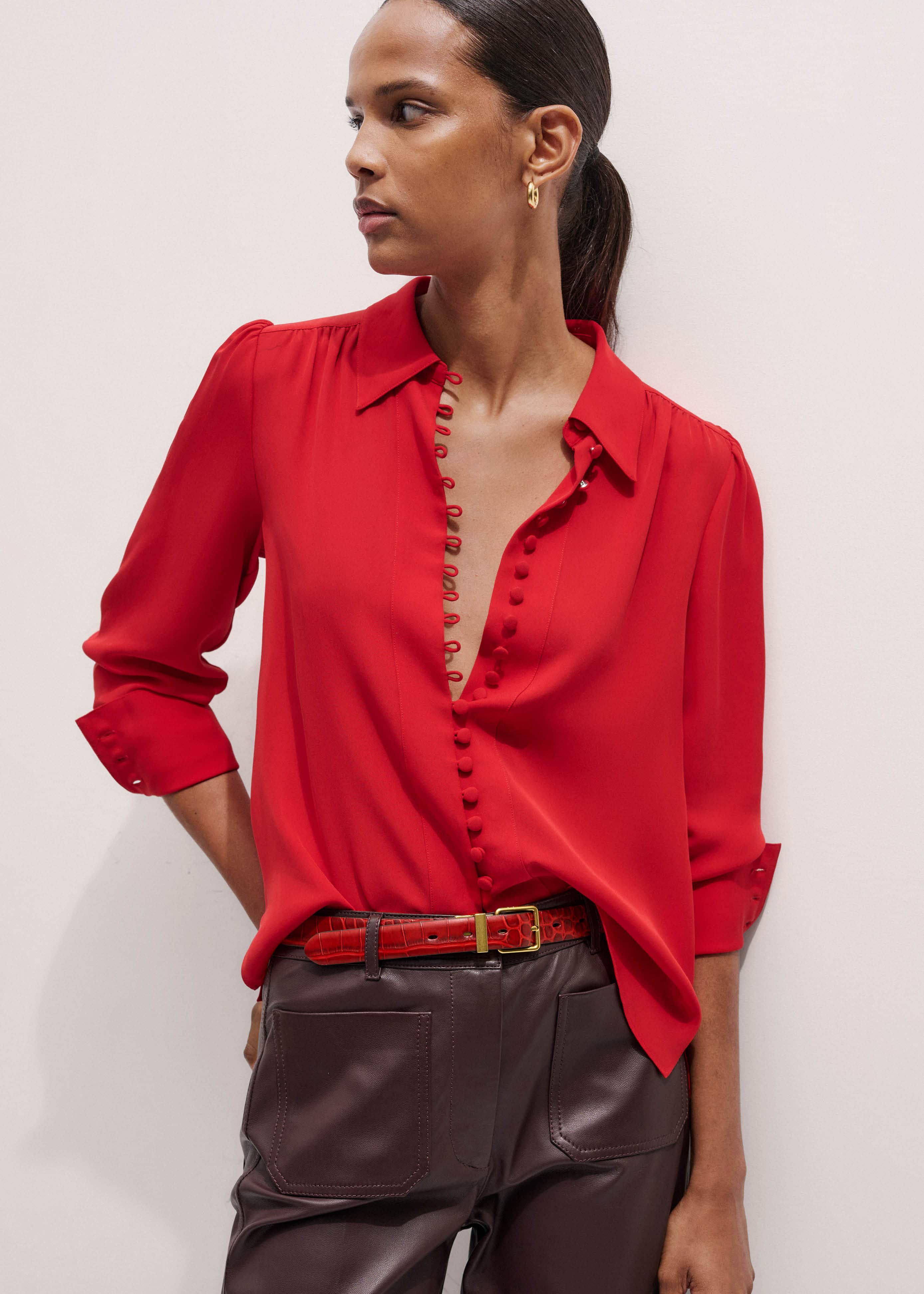 Red Silk Button Layering Shirt + Tie