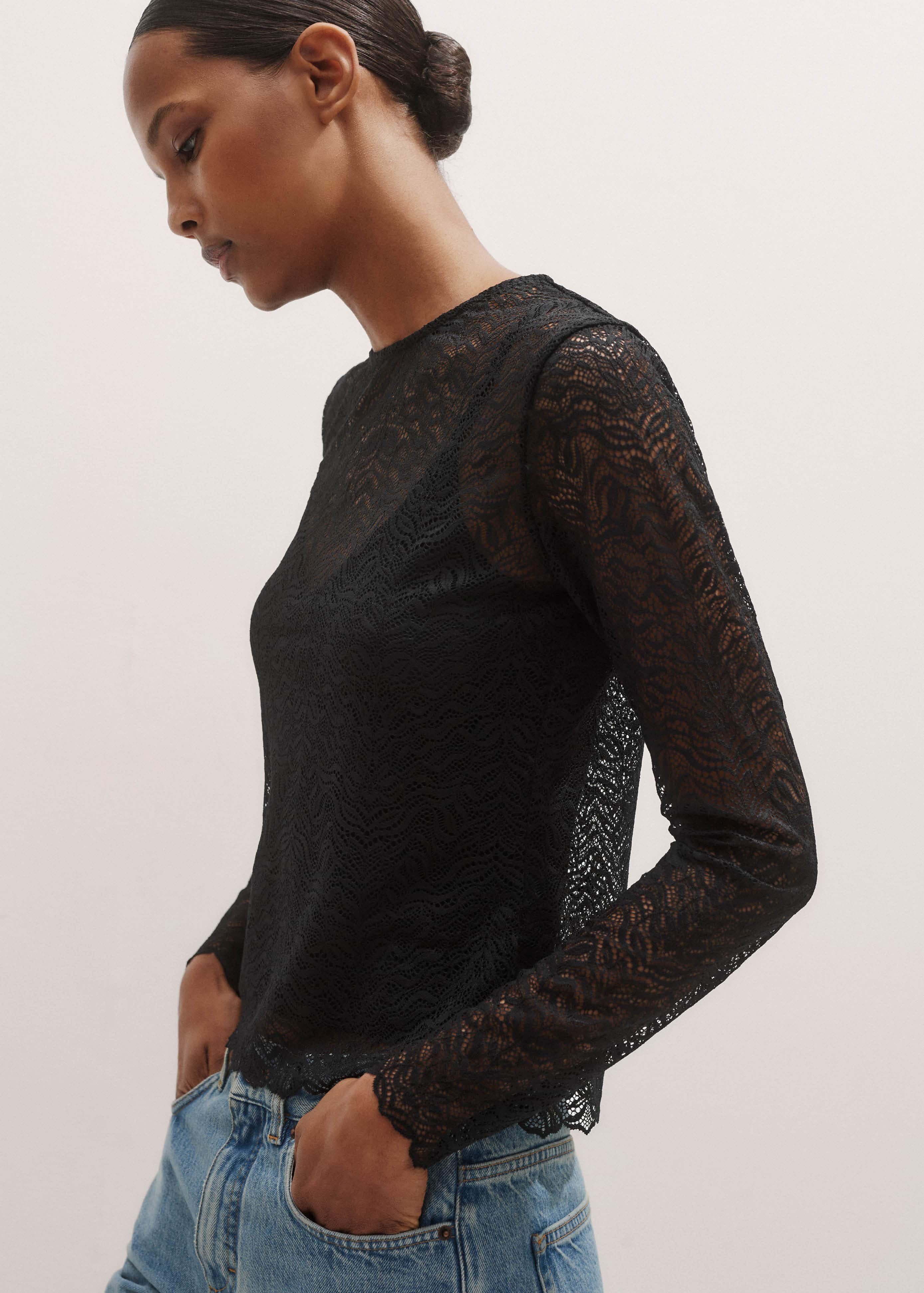 Black Lace Crew Neck Top