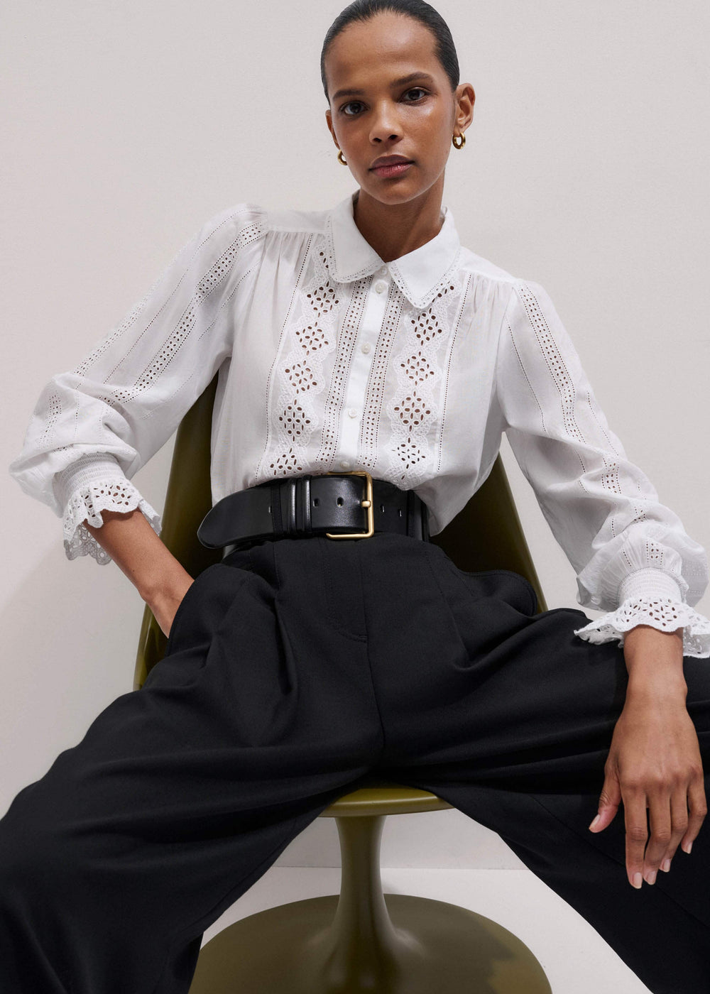 White Cotton Broderie Detail Straight Shirt