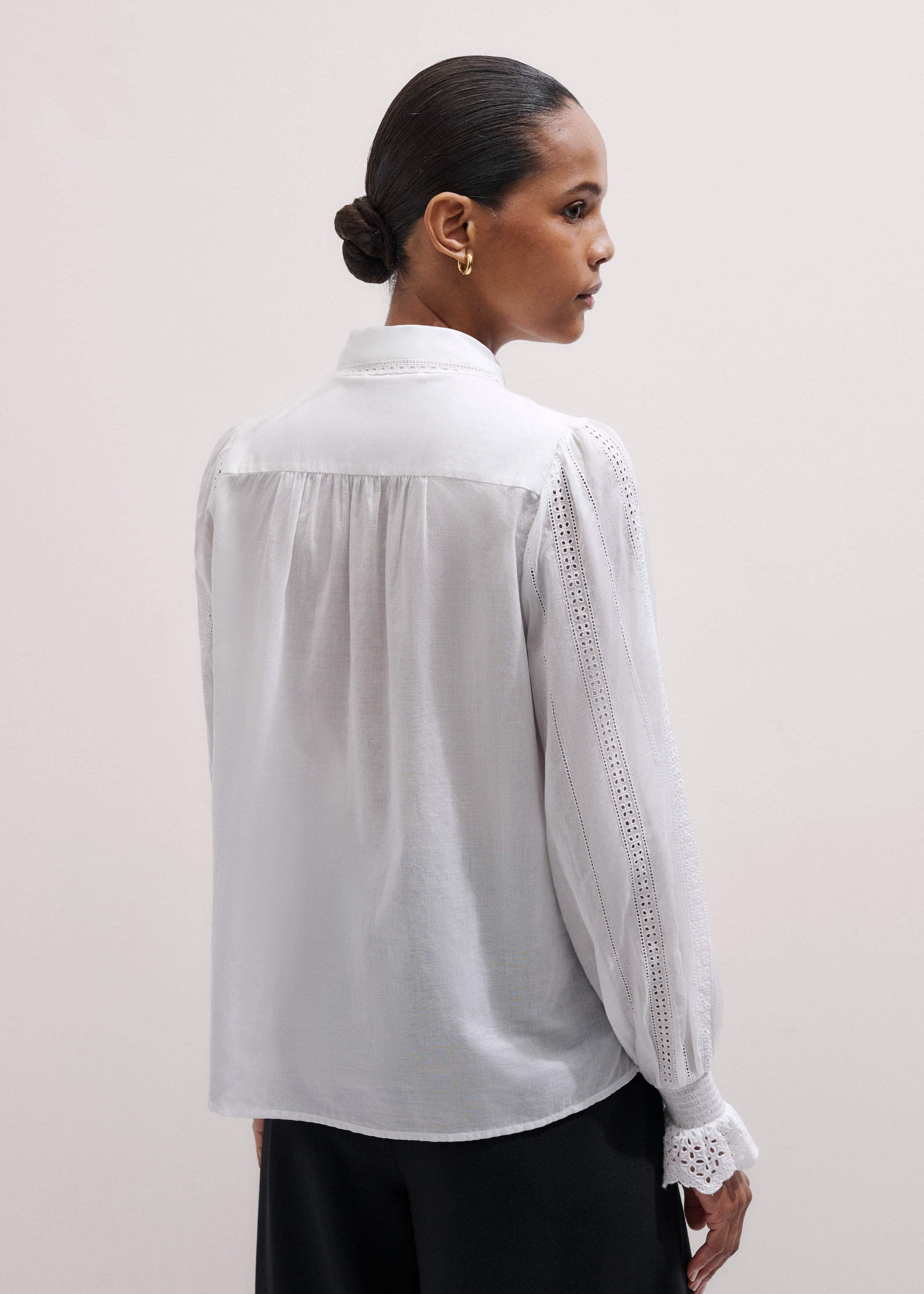 White Cotton Broderie Detail Straight Shirt