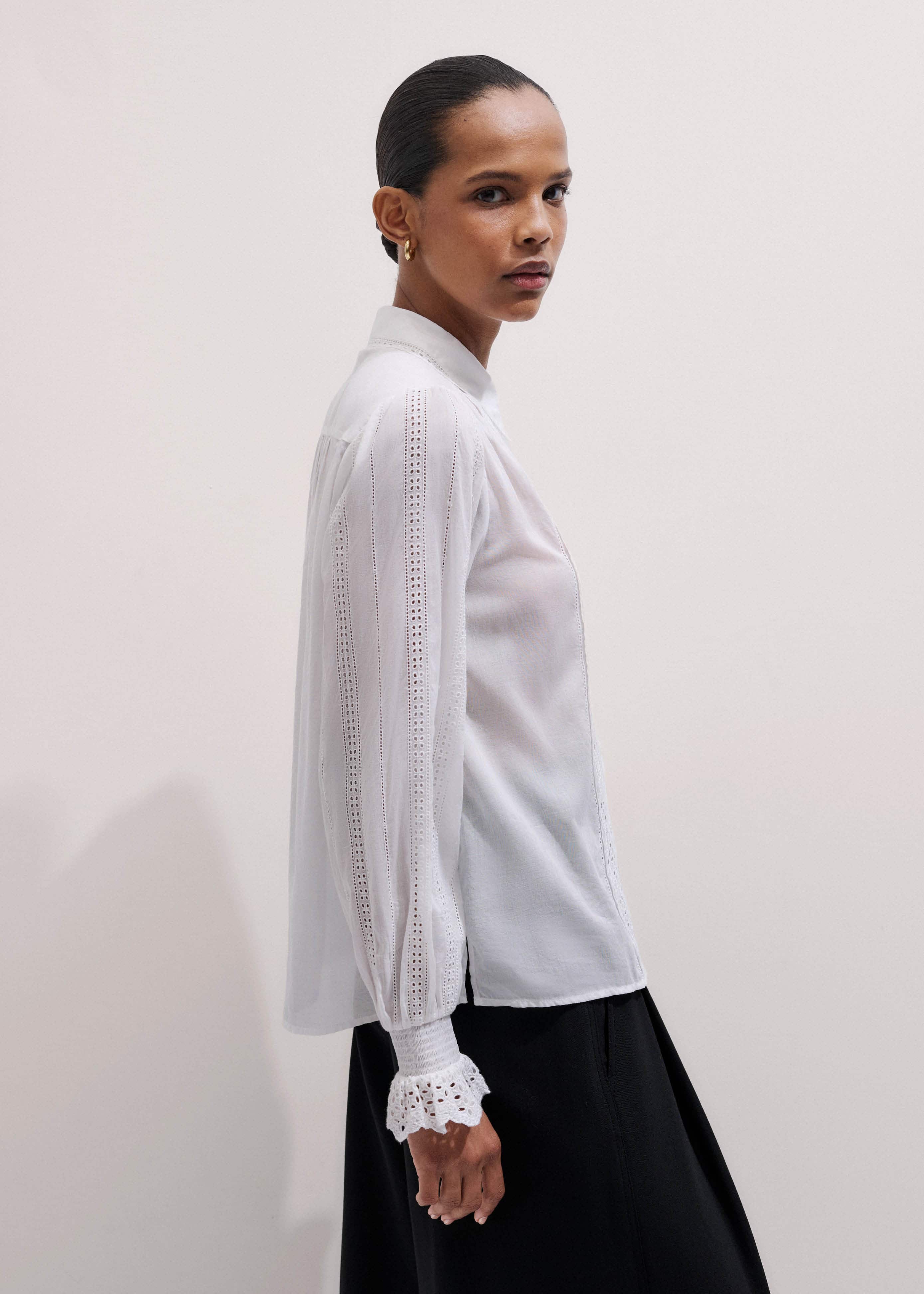 White Cotton Broderie Detail Straight Shirt