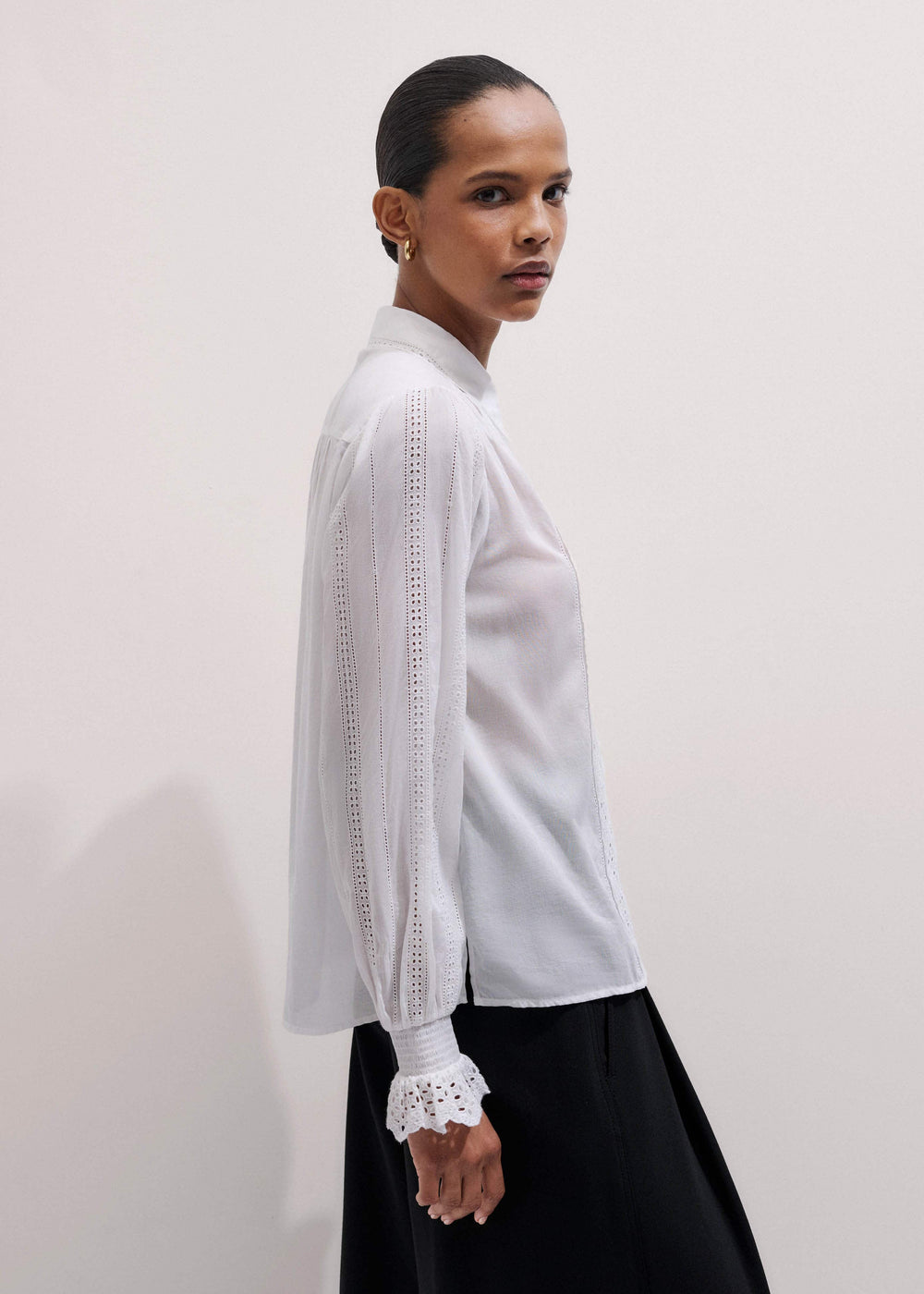 White Cotton Broderie Detail Straight Shirt