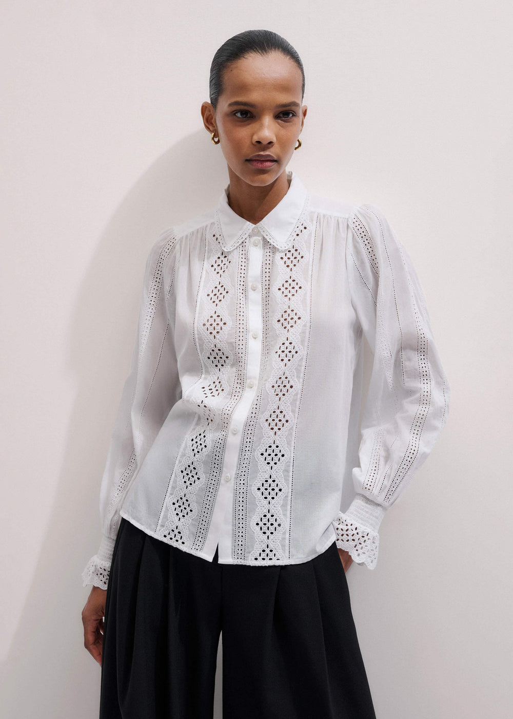 White Cotton Broderie Detail Straight Shirt