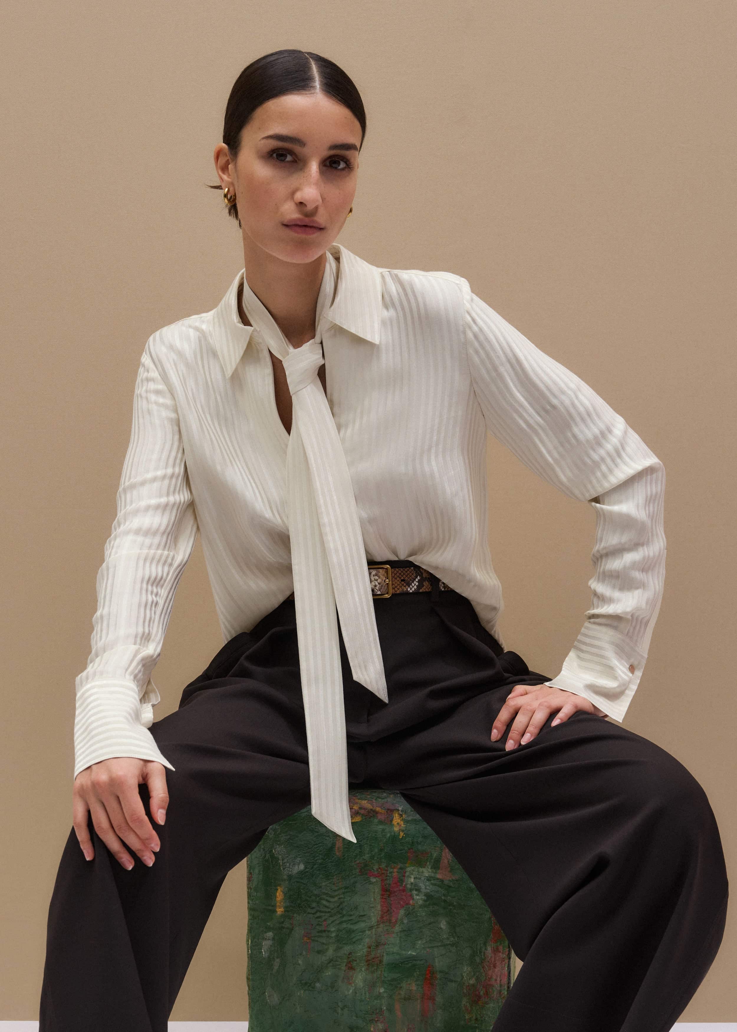 Cream AM-PM Stripe Fluid Satin Shirt + Tie