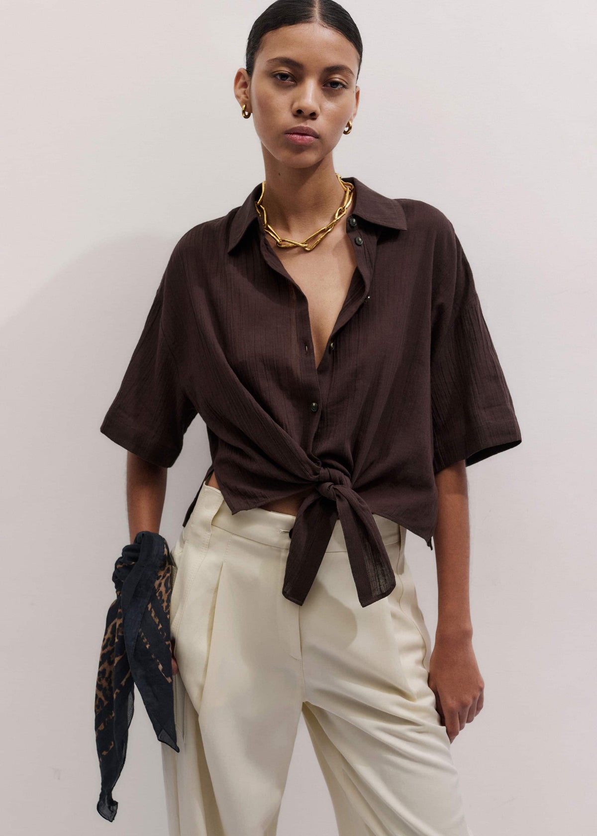Brown Tie Front Beach Shirt