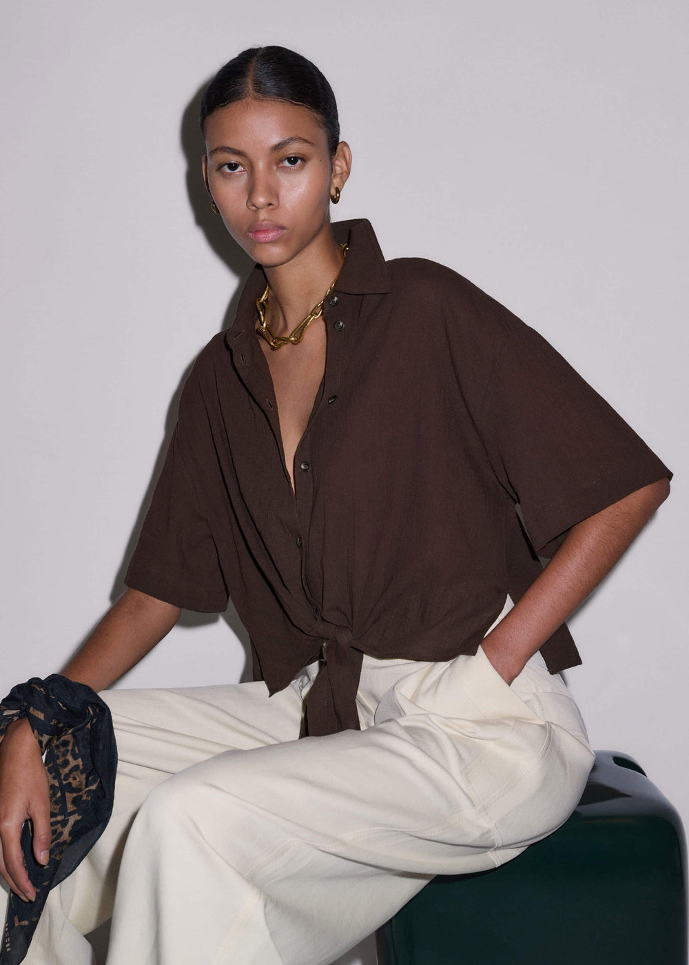 Brown Tie Front Beach Shirt