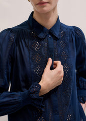Navy Cotton Voile Broderie Detail Shirt