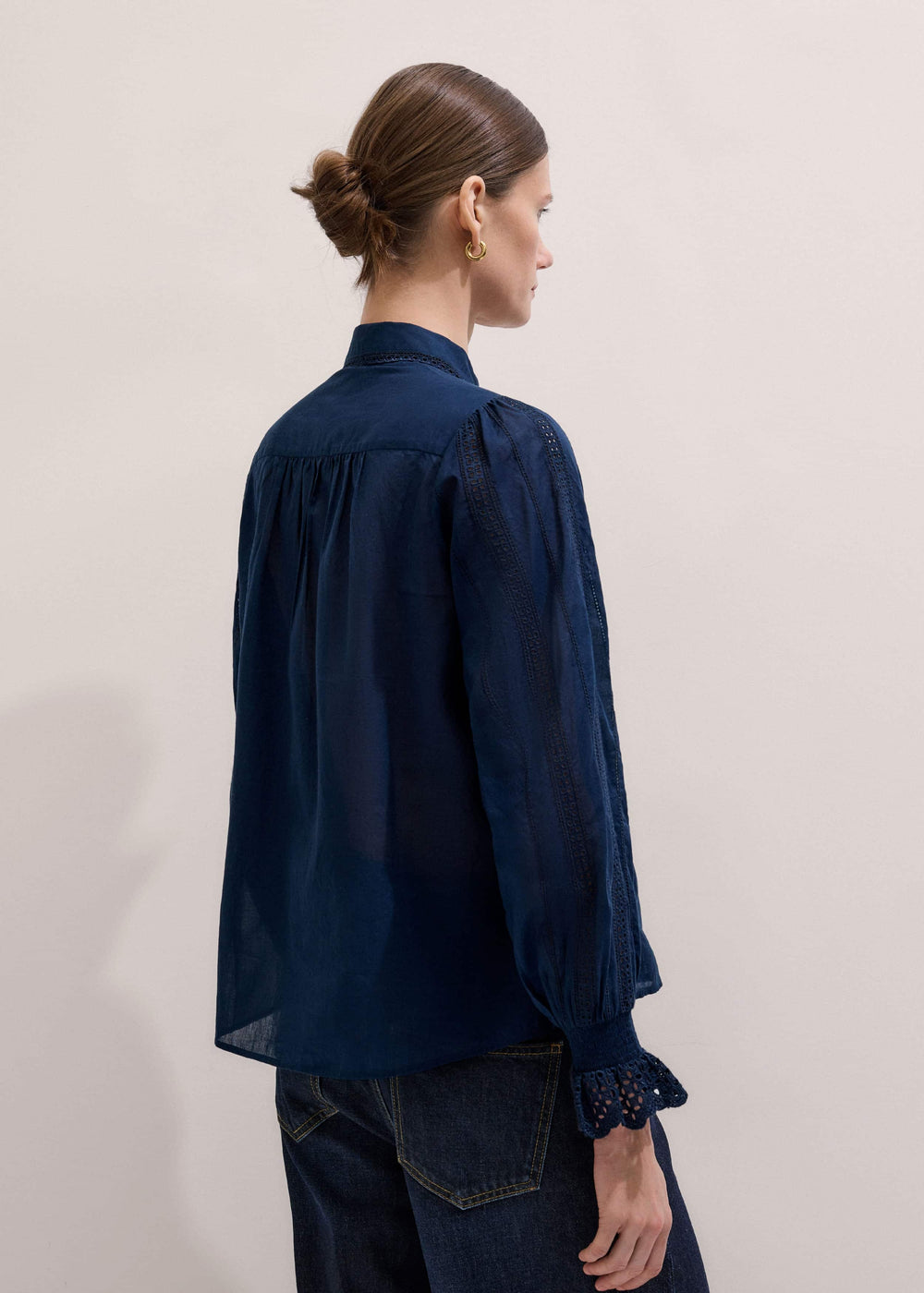 Navy Cotton Voile Broderie Detail Shirt