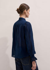 Navy Cotton Voile Broderie Detail Shirt