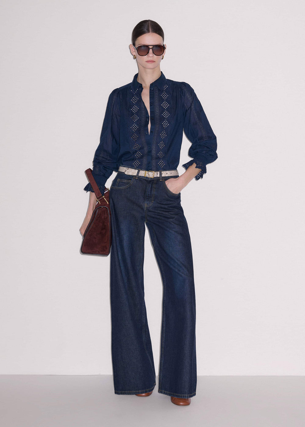 Navy Cotton Voile Broderie Detail Shirt