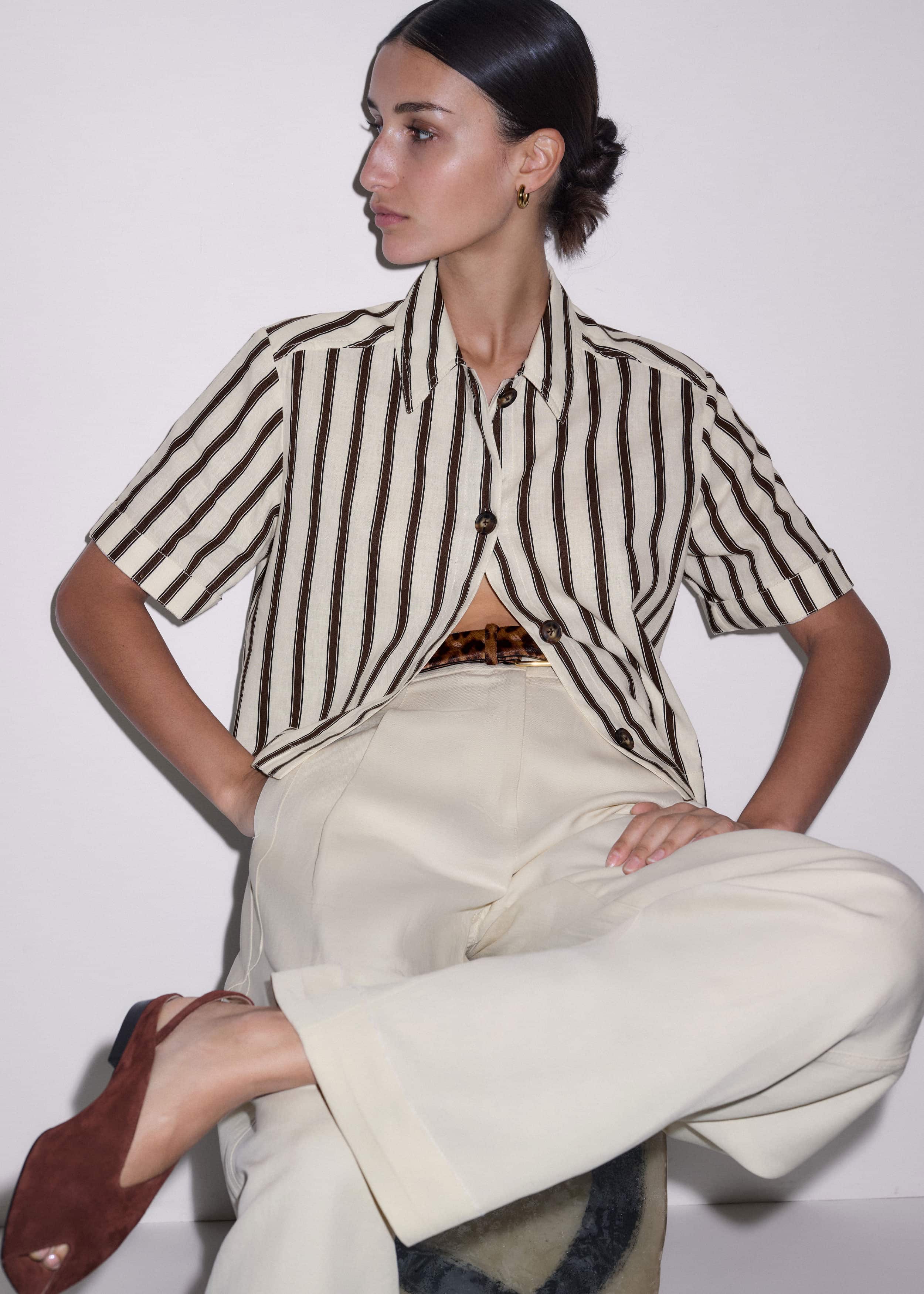 Cream Crease-Less Linen Spring Stripe Boxy Cropped Shirt