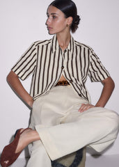 Cream Crease-Less Linen Spring Stripe Boxy Cropped Shirt
