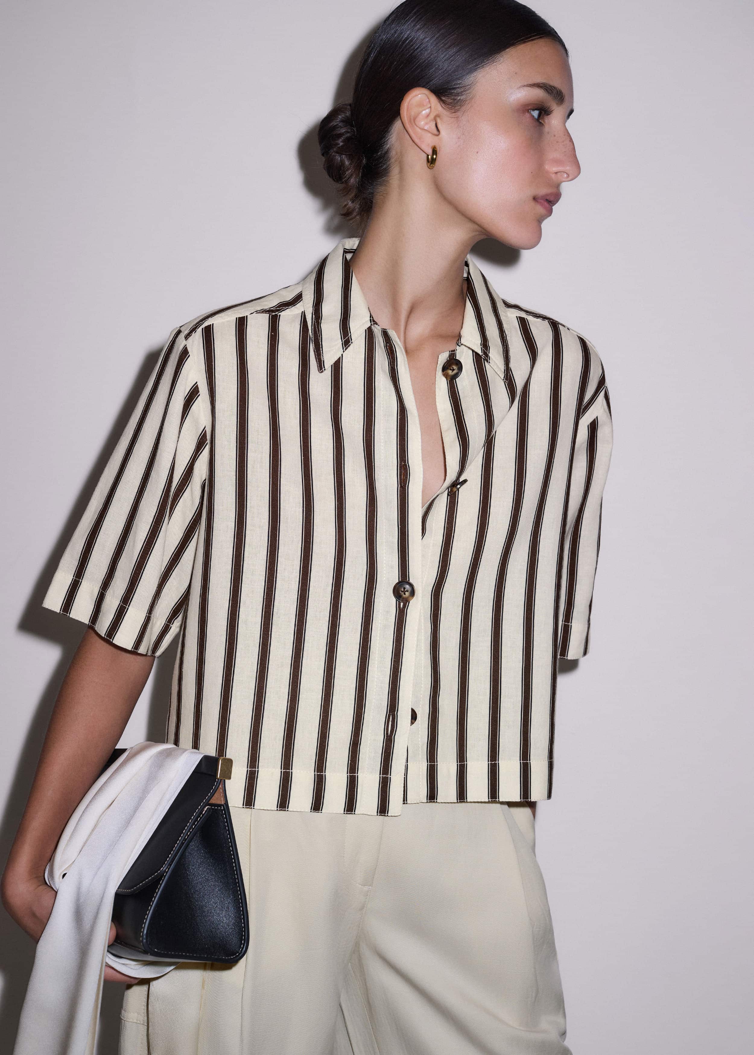 Cream Crease-Less Linen Spring Stripe Boxy Cropped Shirt