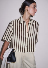 Cream Crease-Less Linen Spring Stripe Boxy Cropped Shirt