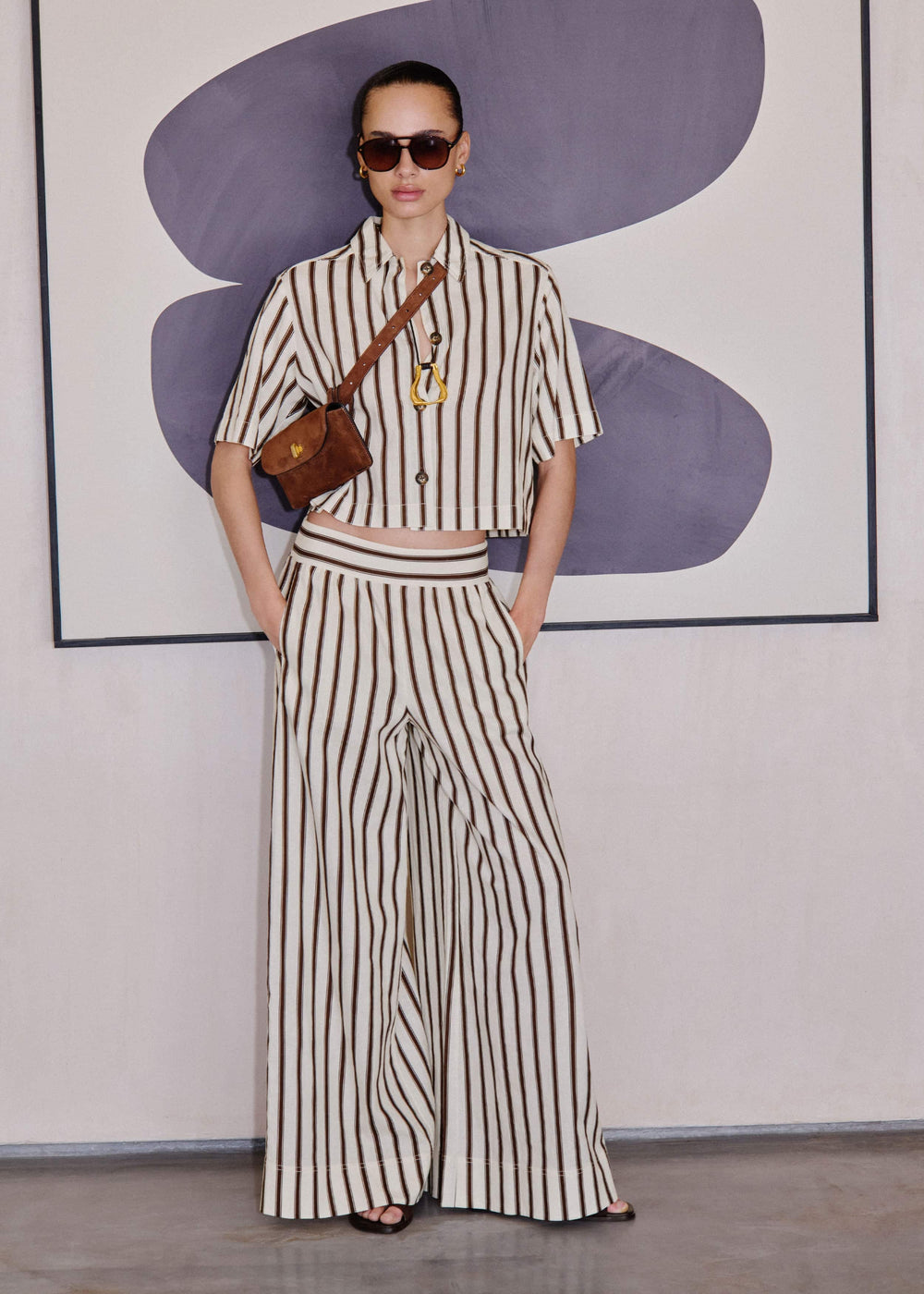 Cream Crease-Less Linen Spring Stripe Boxy Cropped Shirt