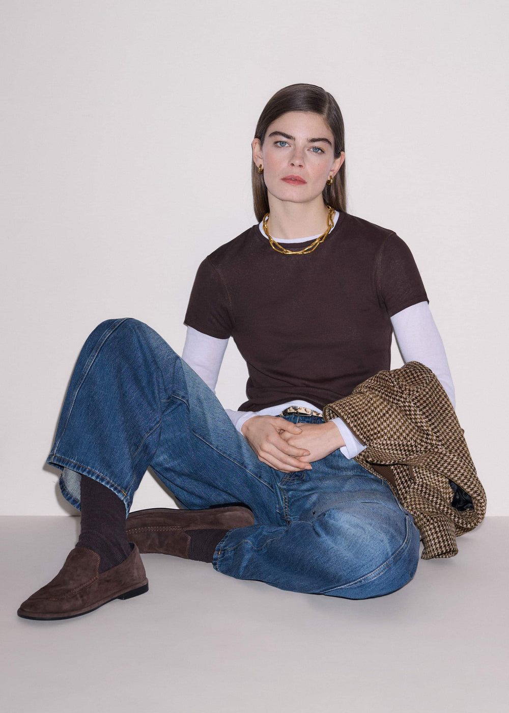 Brown Sheer Double-Layer Look Top