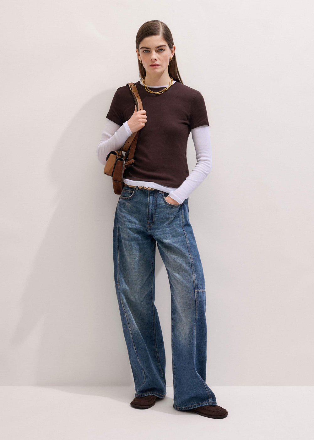 Brown Sheer Double-Layer Look Top