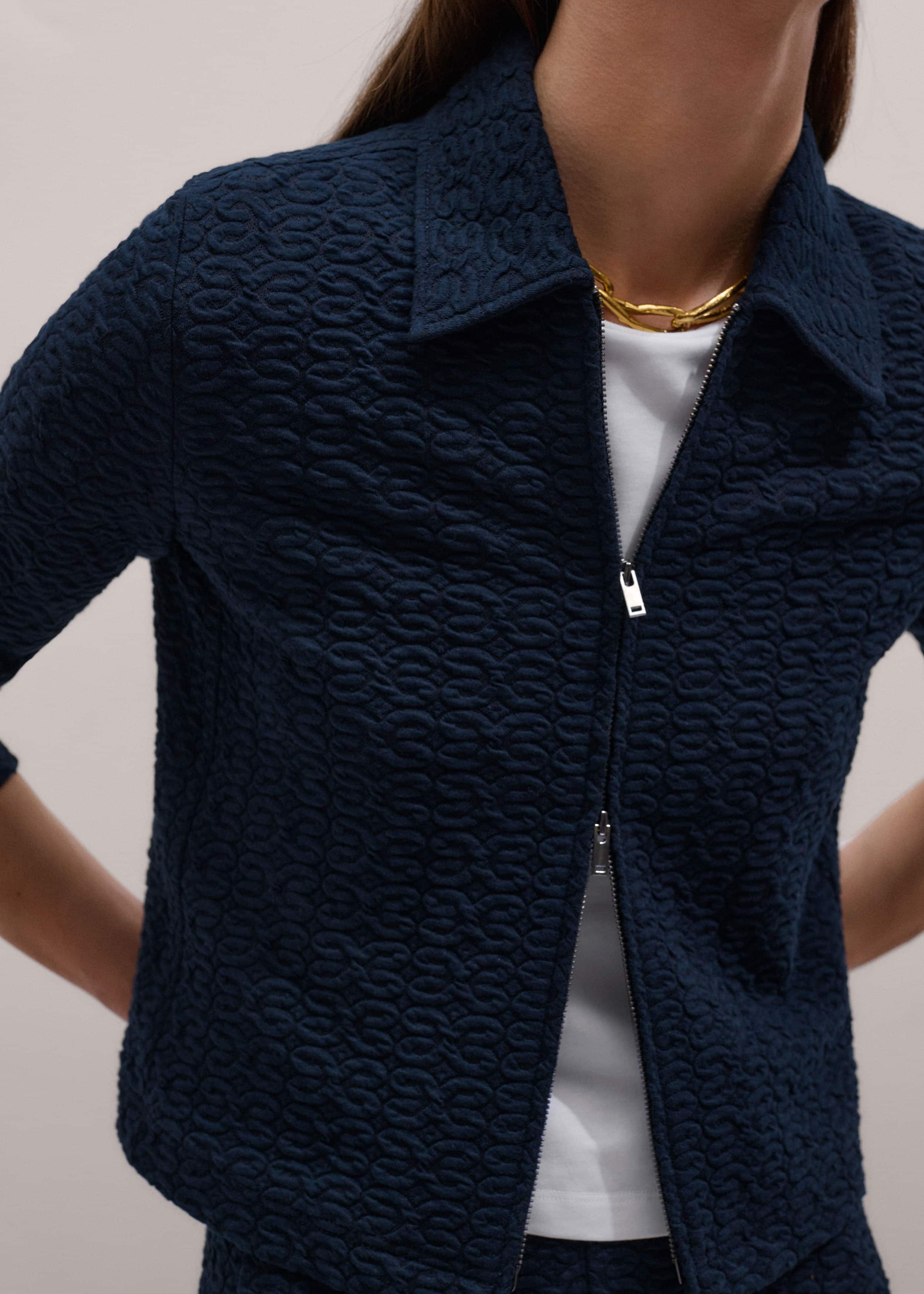 Navy Curling Crosses Jacquard Textured Zip Top
