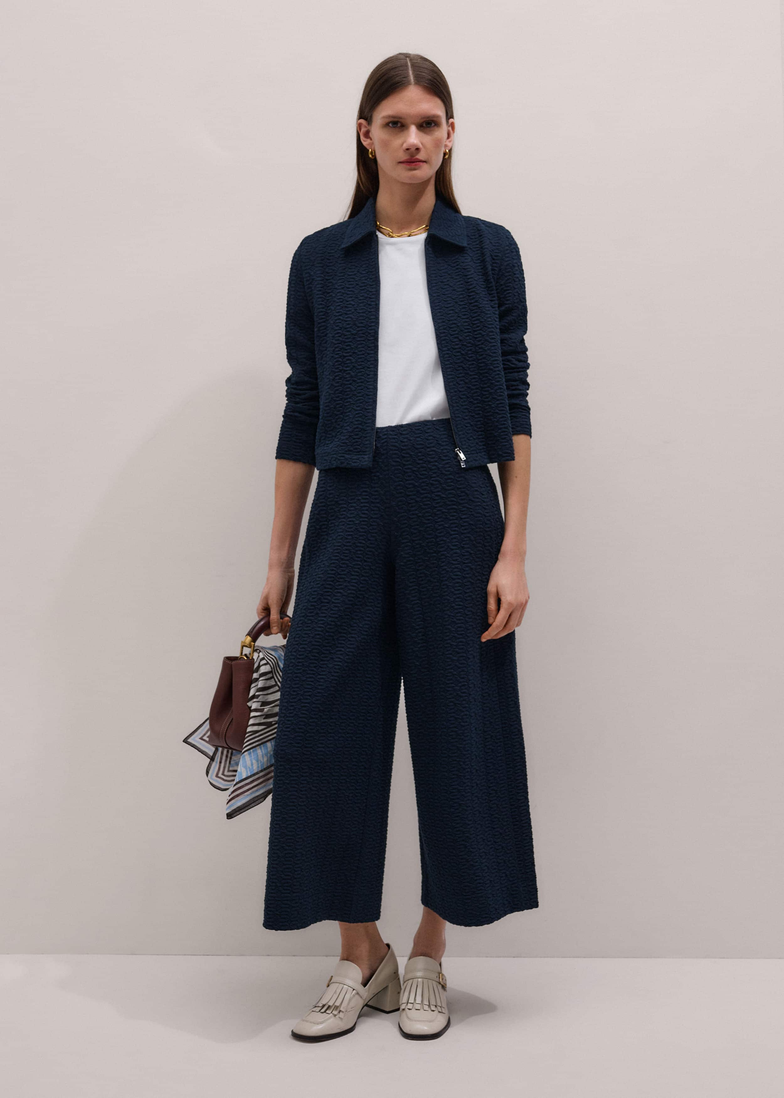 Navy Curling Crosses Jacquard Textured Zip Top