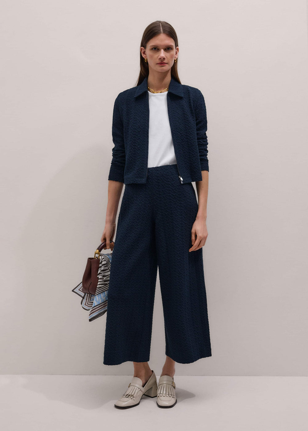 Navy Curling Crosses Jacquard Textured Zip Top