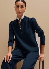 Navy Cable Jacquard Half-Zip Top