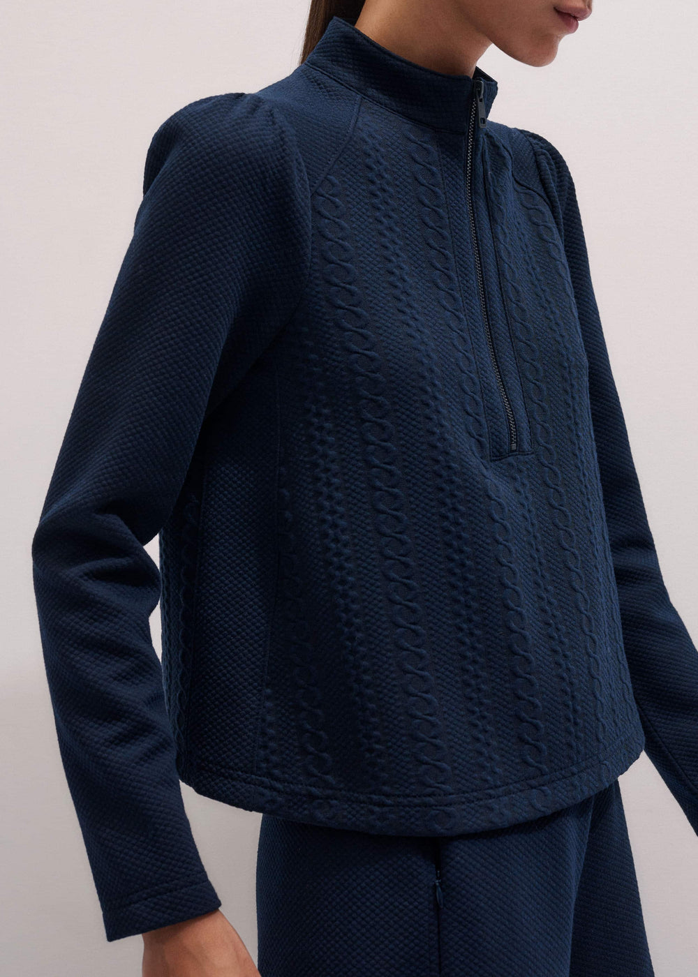 Navy Cable Jacquard Half-Zip Top
