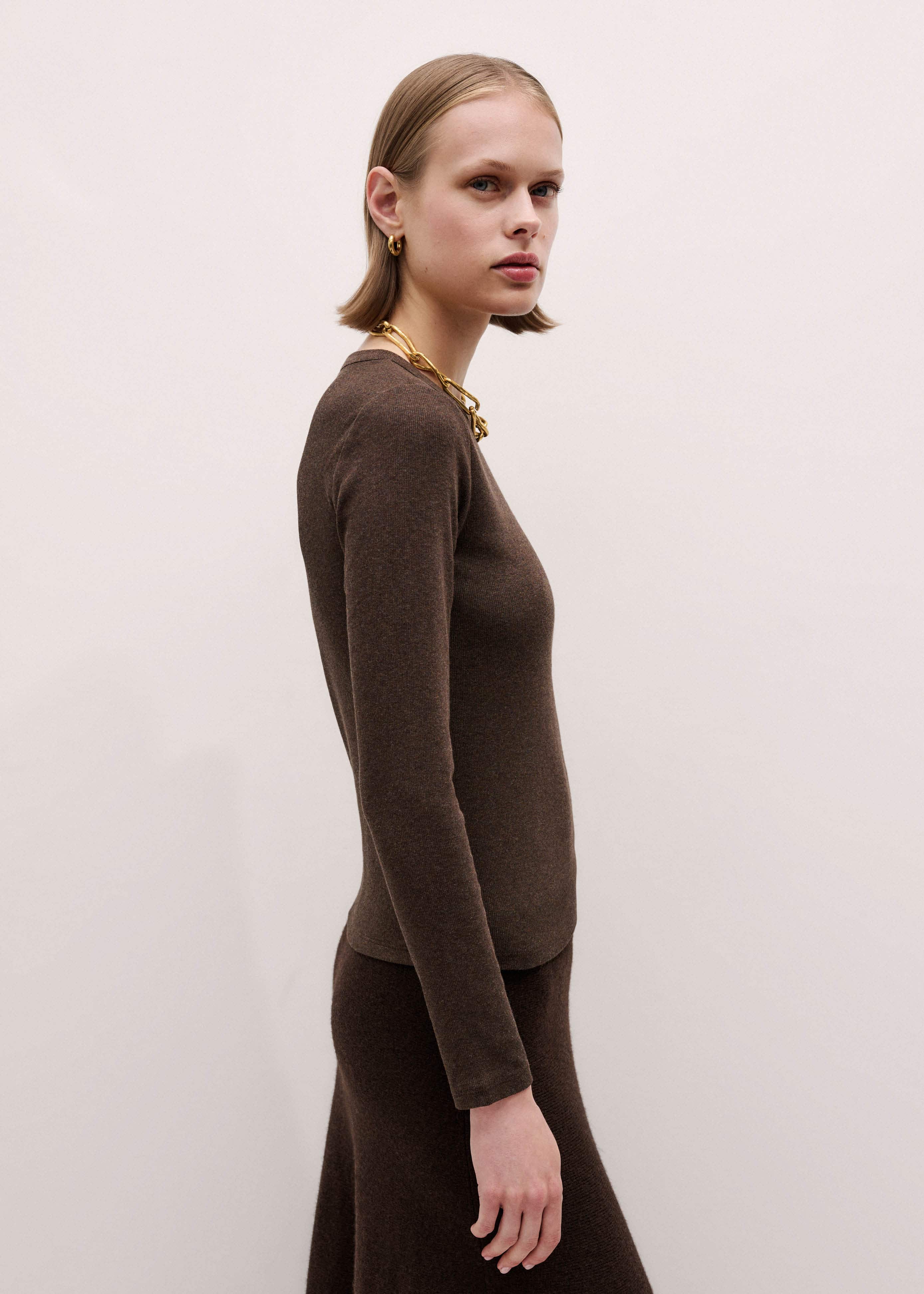 Brown Cotton Rib Perfect Basic Top