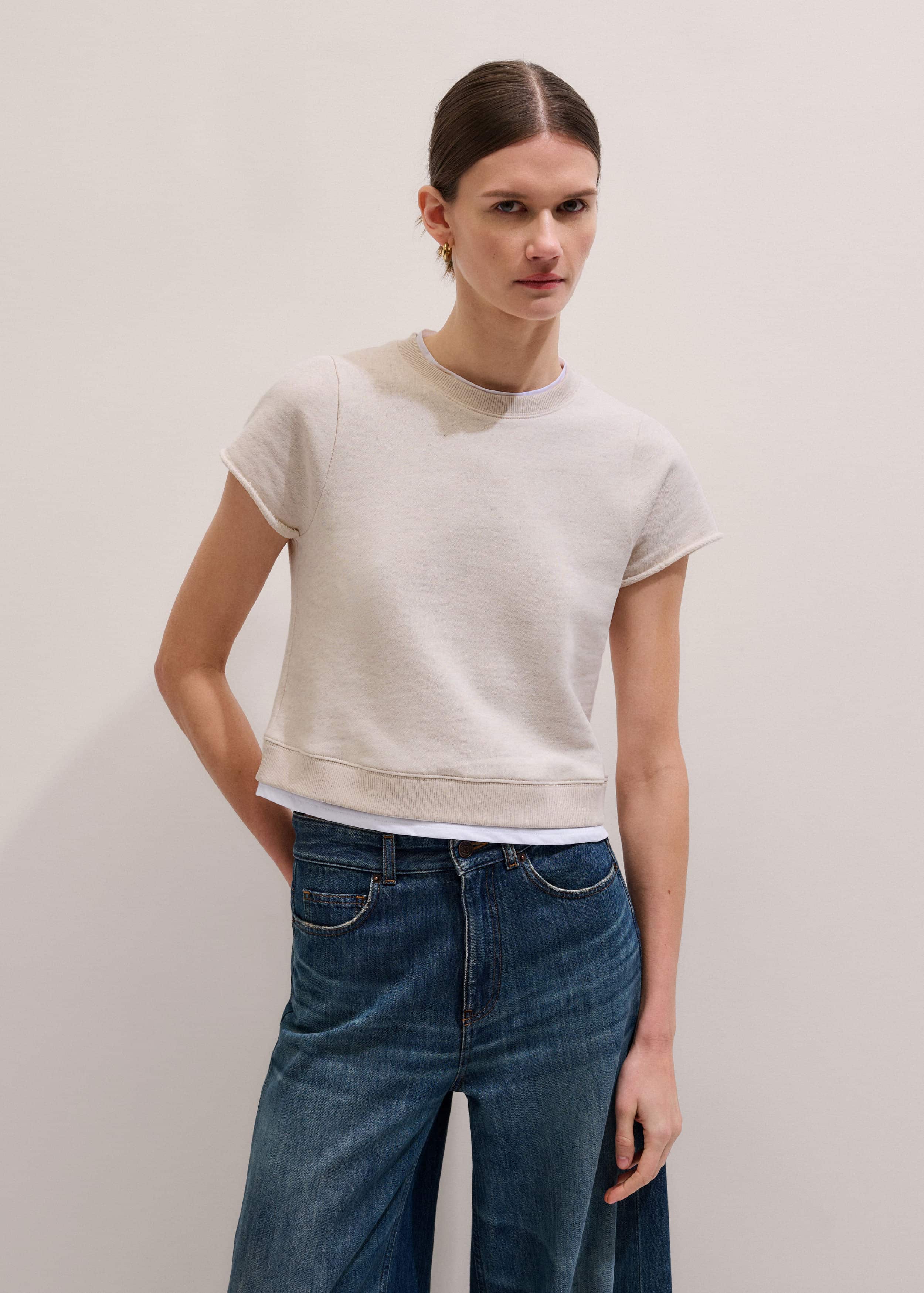 Oatmeal Double Layer Short Sleeve Sweatshirt