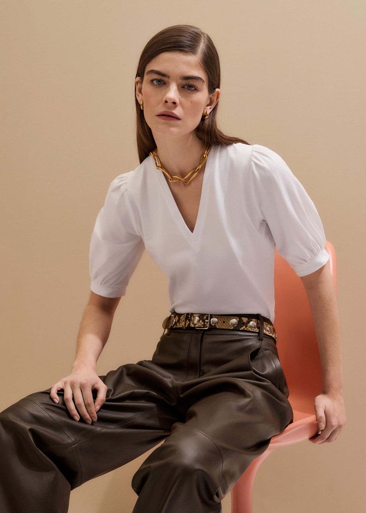 White Feminine Sleeve V-Neck Tee