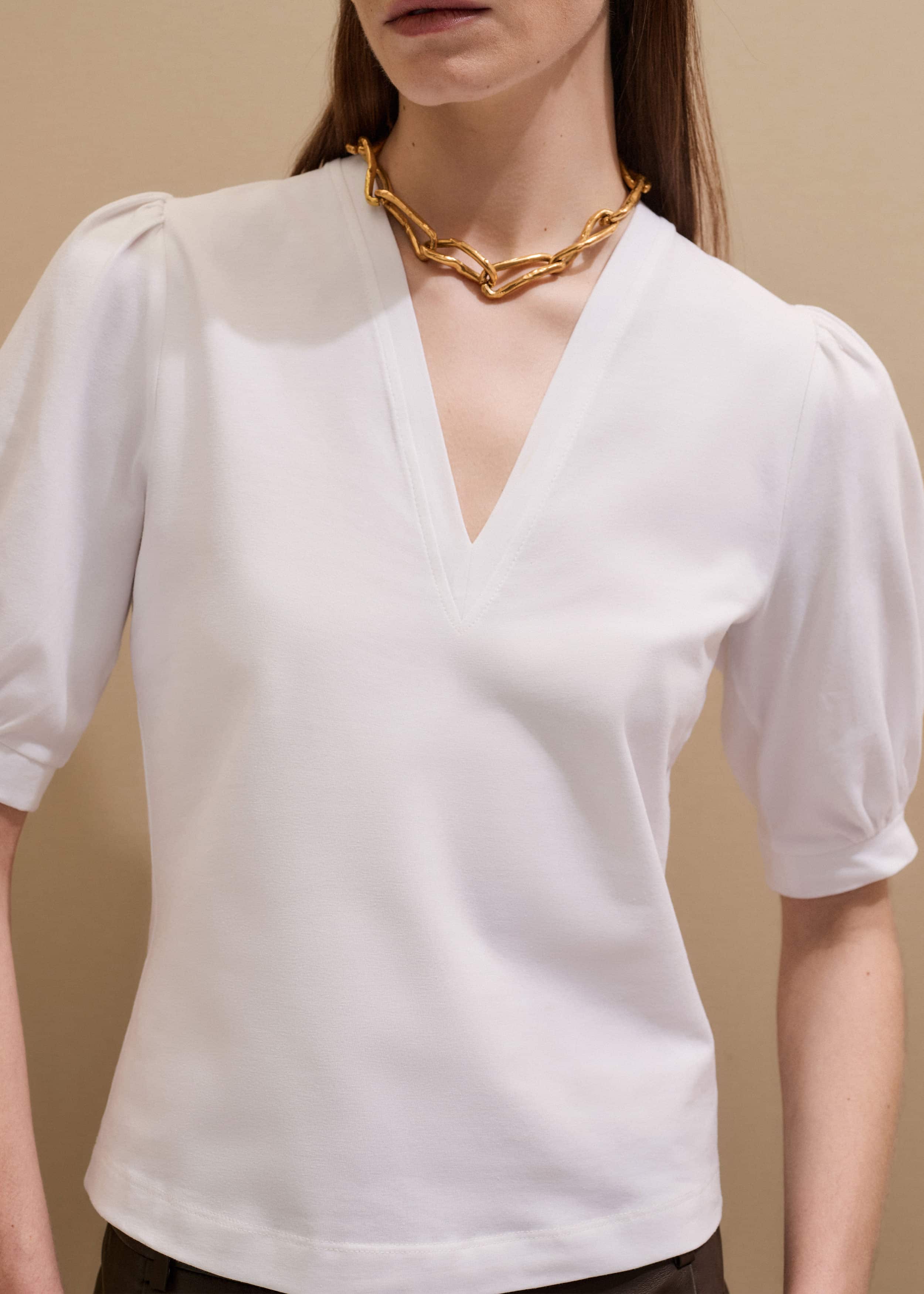White Feminine Sleeve V-Neck Tee