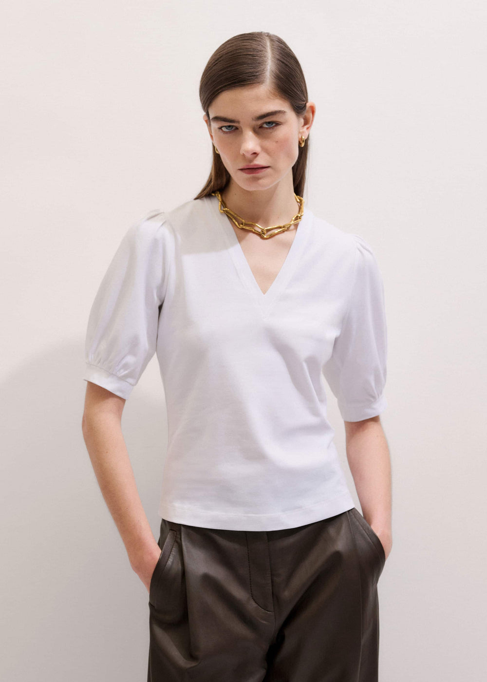 White Feminine Sleeve V-Neck Tee