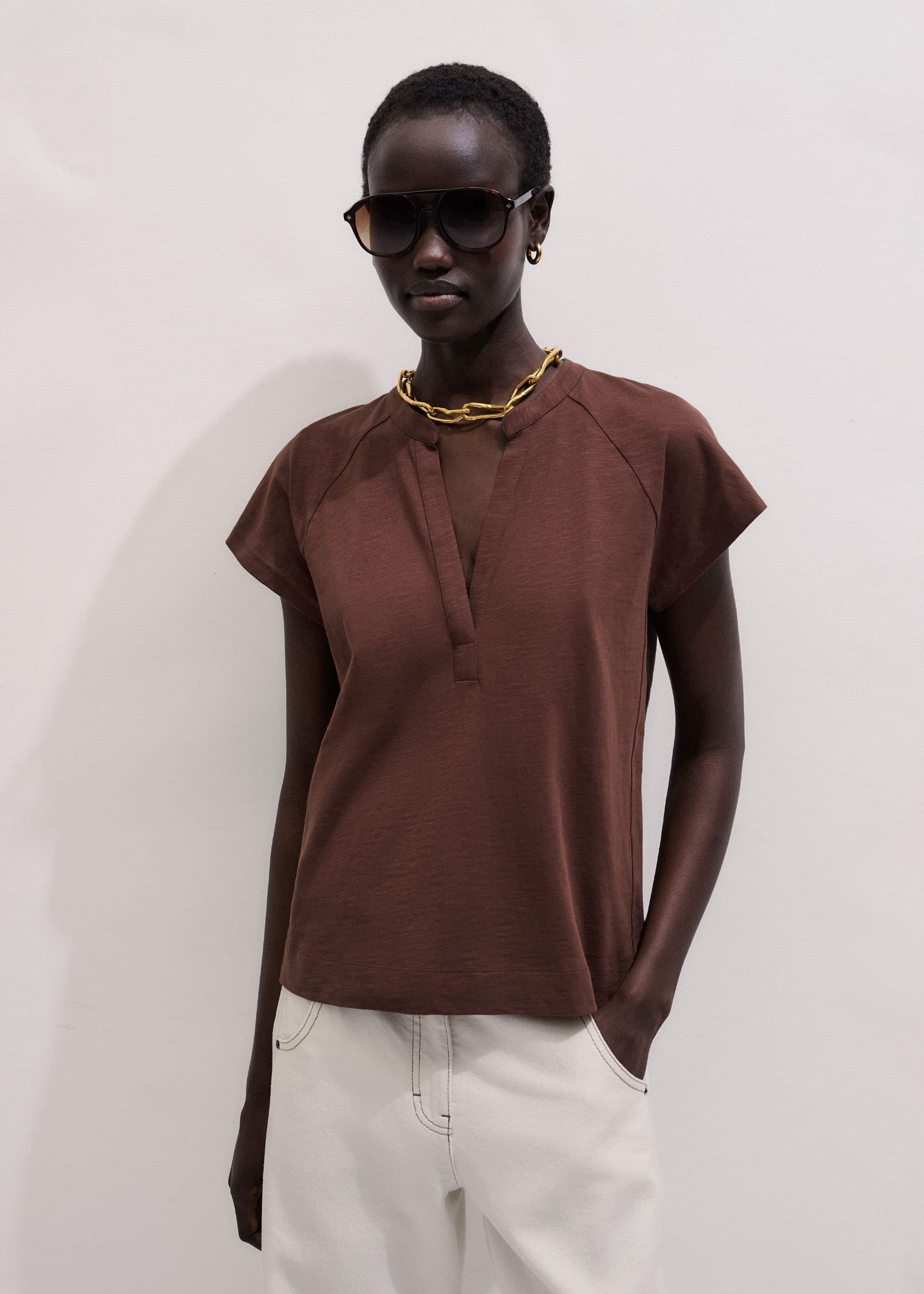 Cinnamon Open Placket V-Neck Swing Top