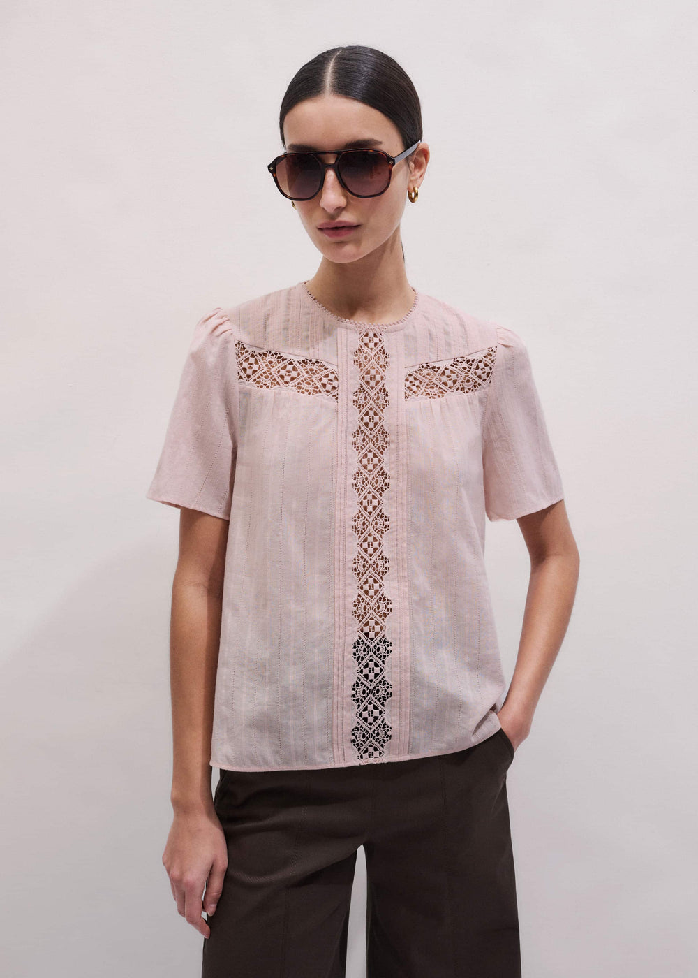 Pink Embroidered Cutout Tee