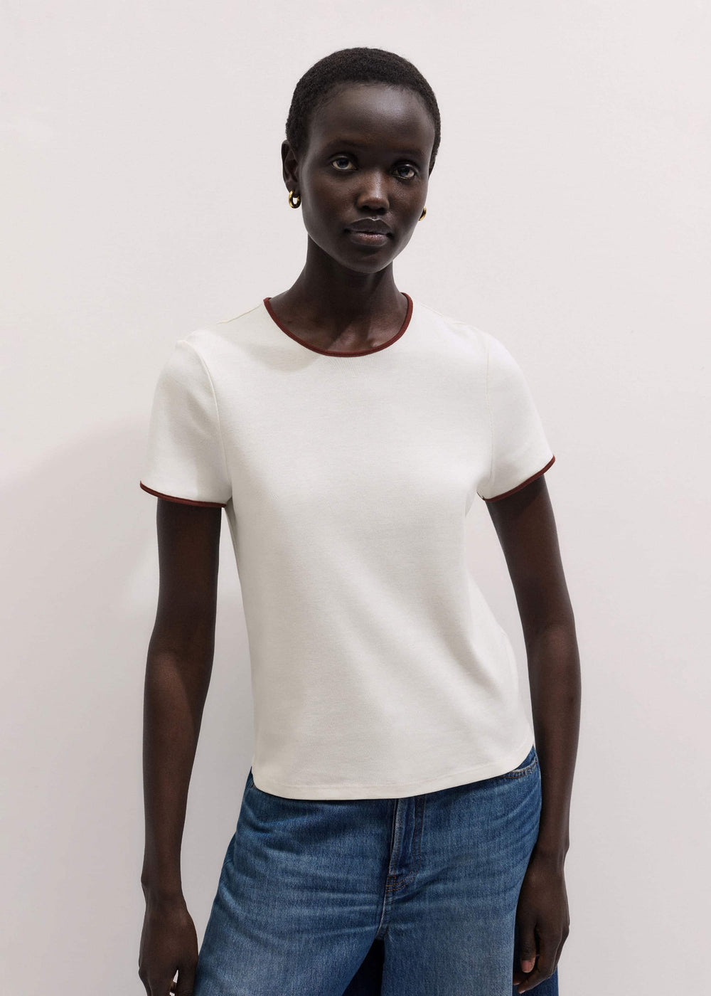 Cream Contrast Trim Slim Tee