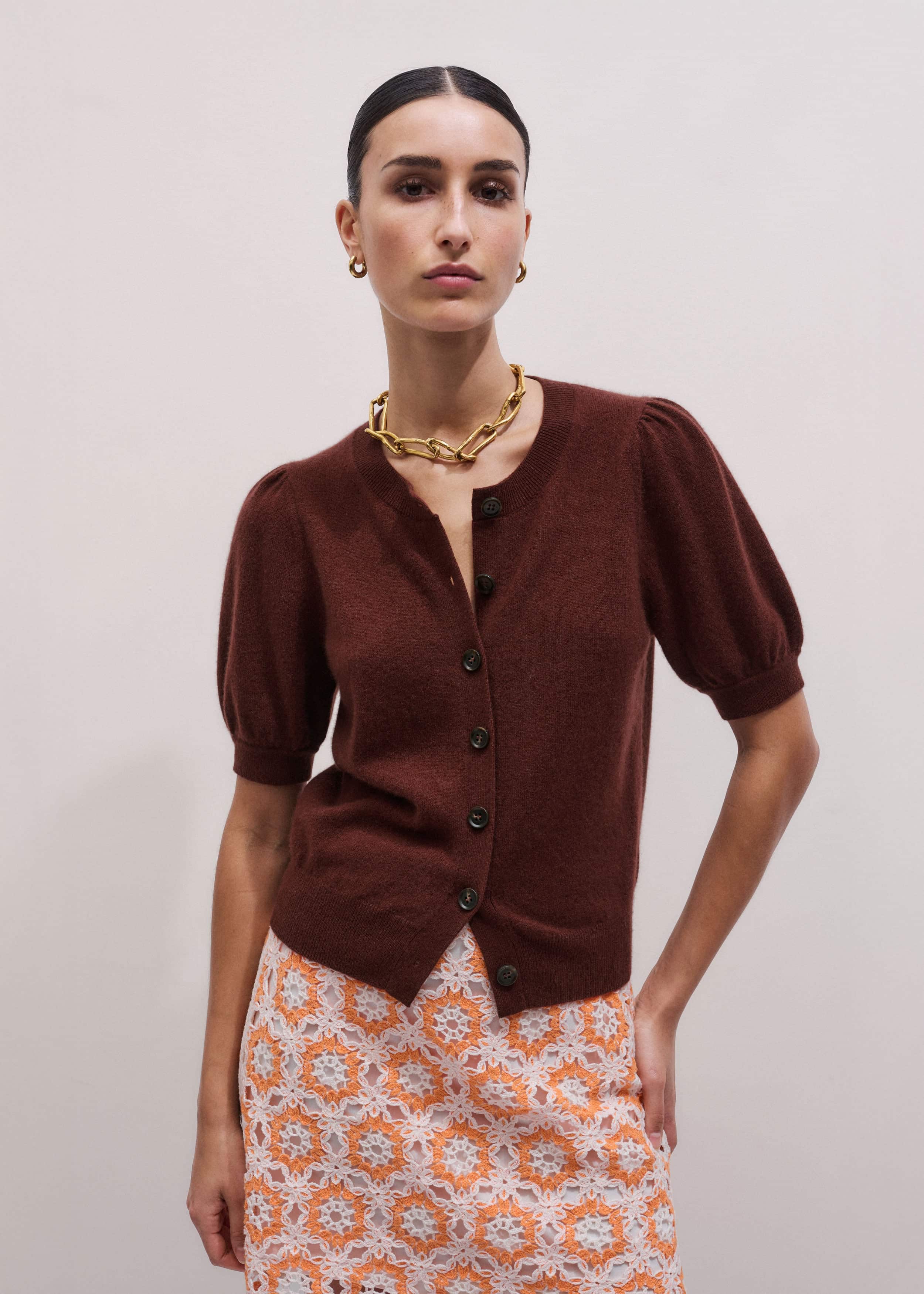 Cinnamon Brown Cashmere Feminine Sleeve Cardi