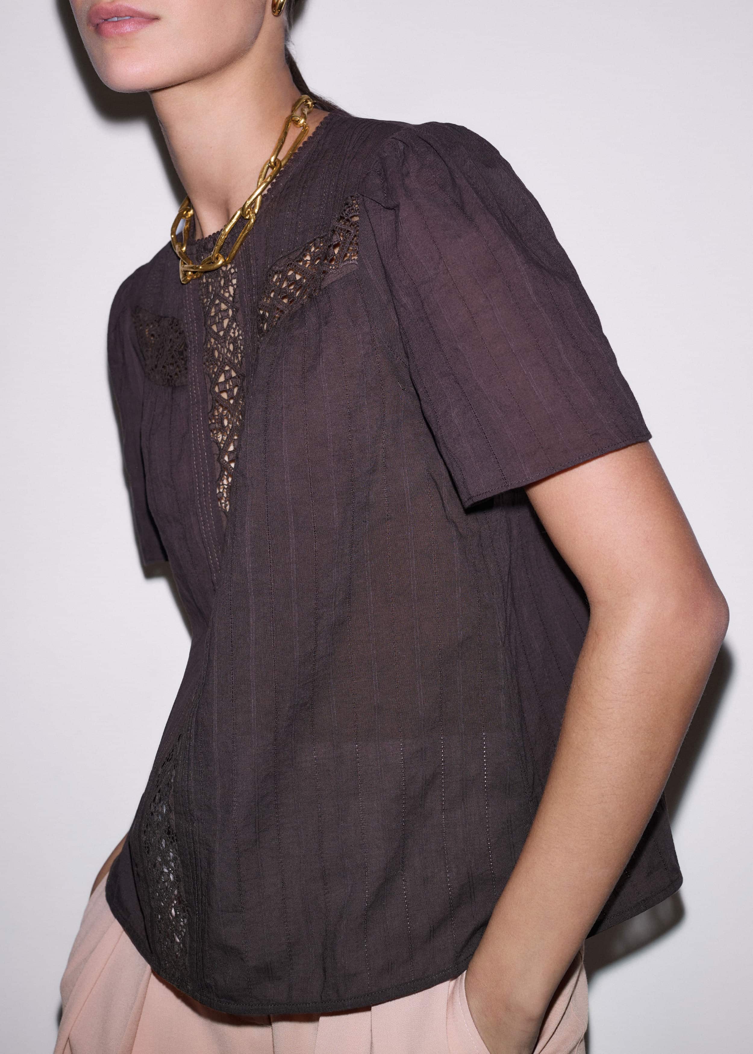 Brown Embroidered Cutout Tee