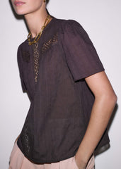 Brown Embroidered Cutout Tee