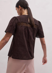 Brown Embroidered Cutout Tee