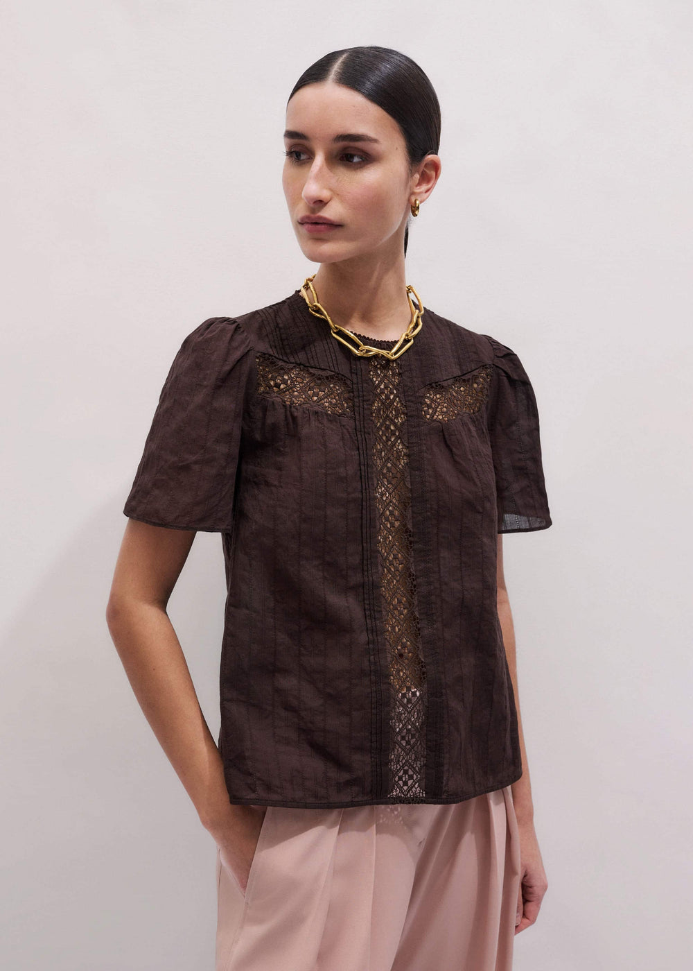 Brown Embroidered Cutout Tee