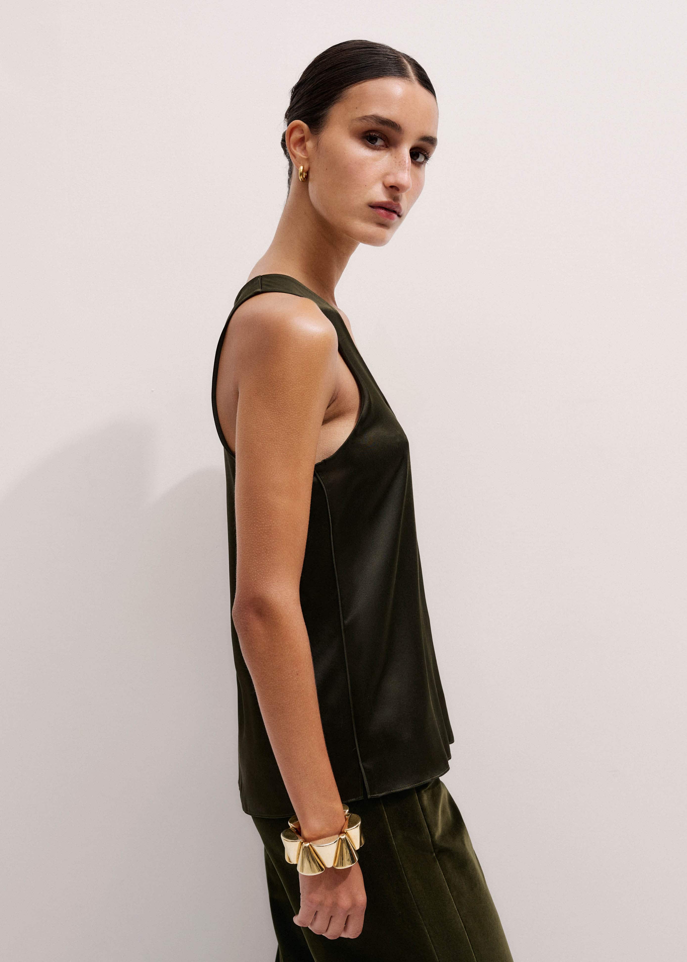 Olive Green Silk Satin Evening Tank Top