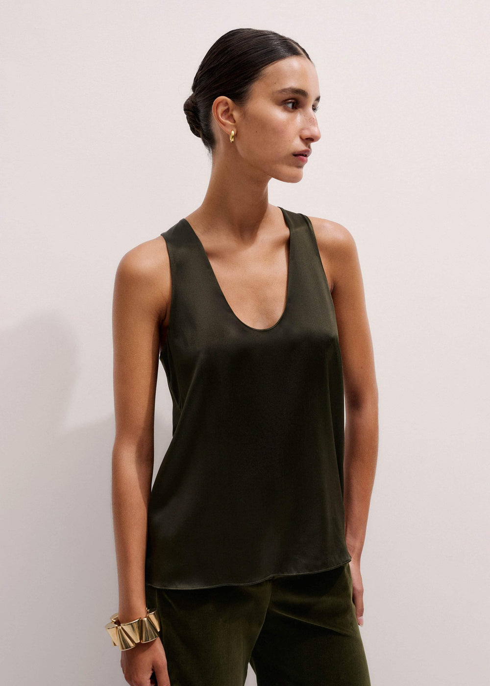 Olive Green Silk Satin Evening Tank Top